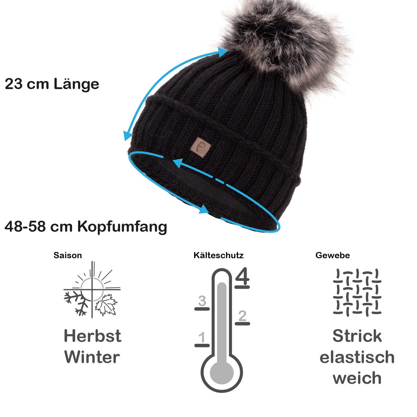 Faera Bommelmütze Wintermütze Damen Herren Mütze Beanie Haube gefüttert Bommelmütze
