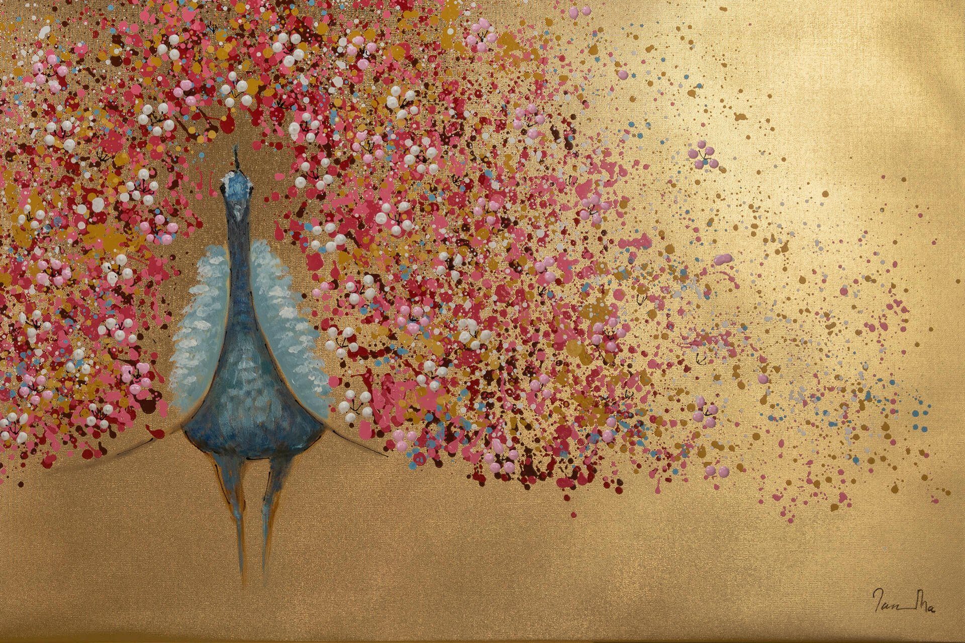 KUNSTLOFT Gemälde Goldener Blütenpfau 120x80 cm, Leinwandbild 100% HANDGEMALT Wandbild Wohnzimmer
