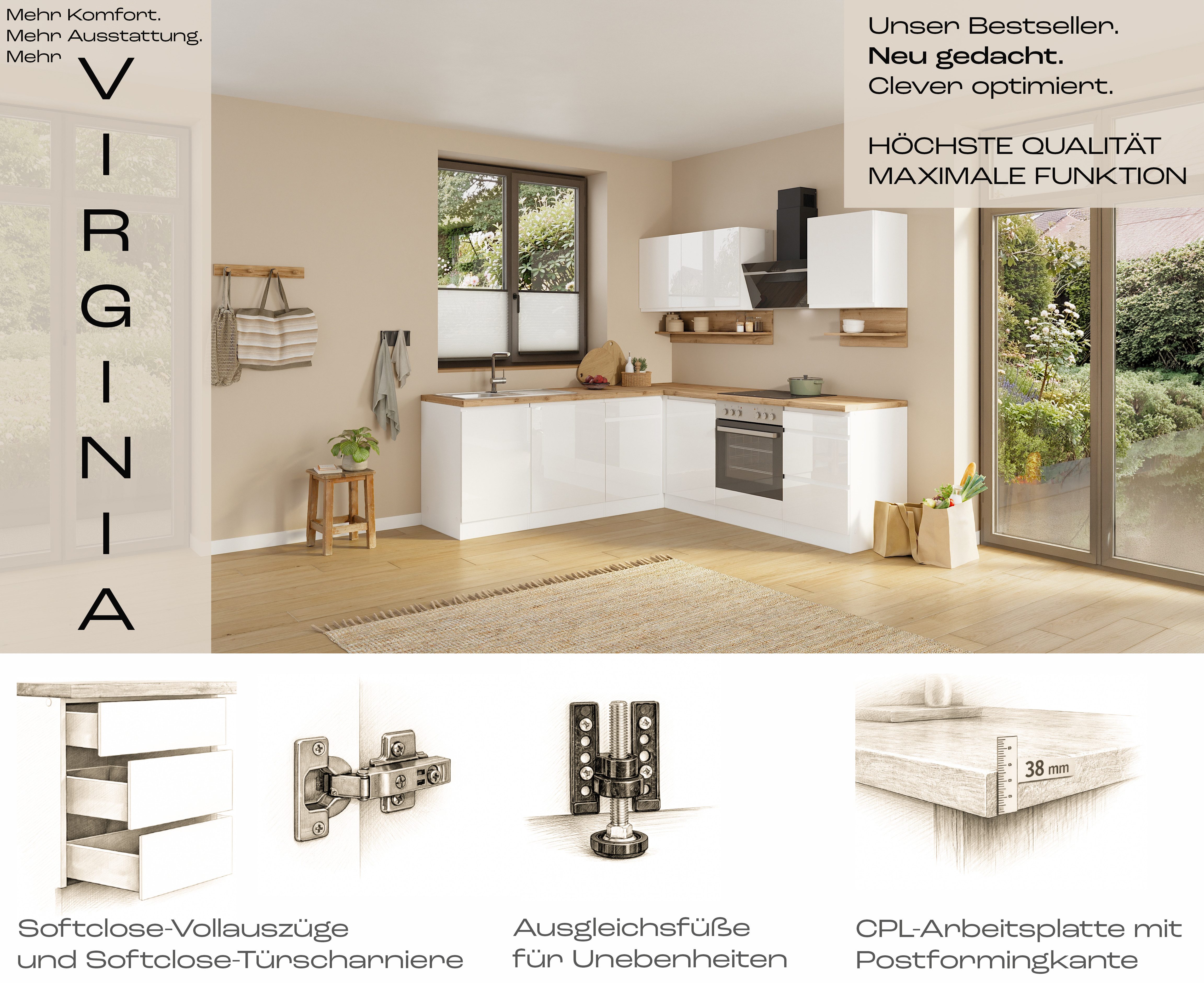 KOCHSTATION Winkelküche KS-Virginia,neu in verbesserter Ausführung, Stellbreite 230/190 cm, Soft-Close,wahlweise mit E-Geräten