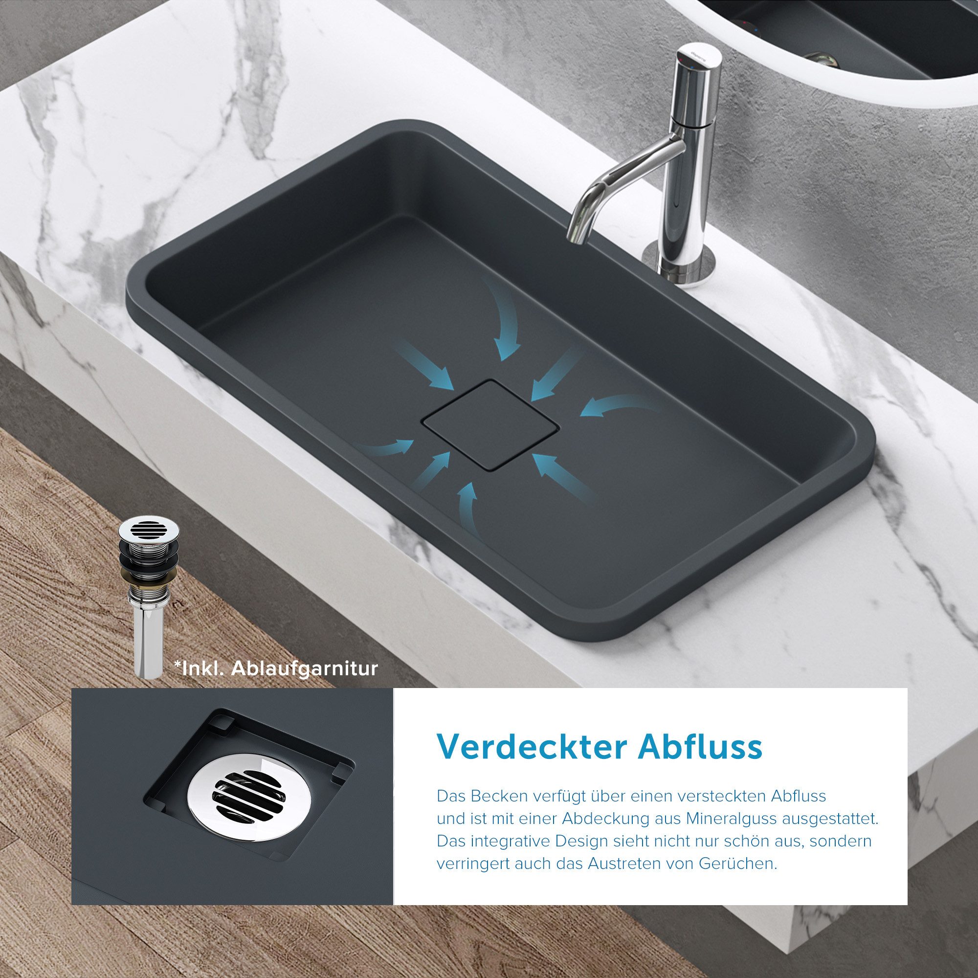 doporro Waschbecken Waschtisch Aufsatzwaschbecken aus Mineralguss ohne Überlauf Col104 – Bild 4 von 5