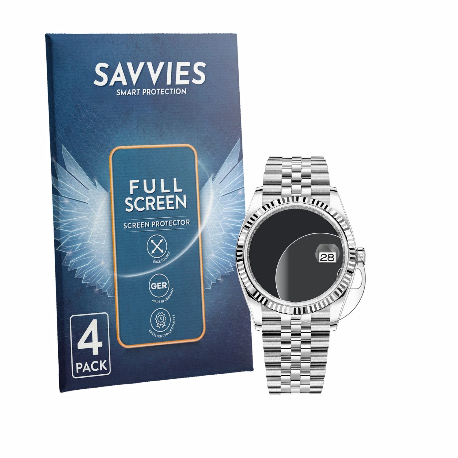 Savvies Displayschutzfolie Fullscreen Schutzfolie für Rolex Oyster Perpetual Datejust 36, 4 Stück, Displayschutz Folie Fullcover Klar Transparent