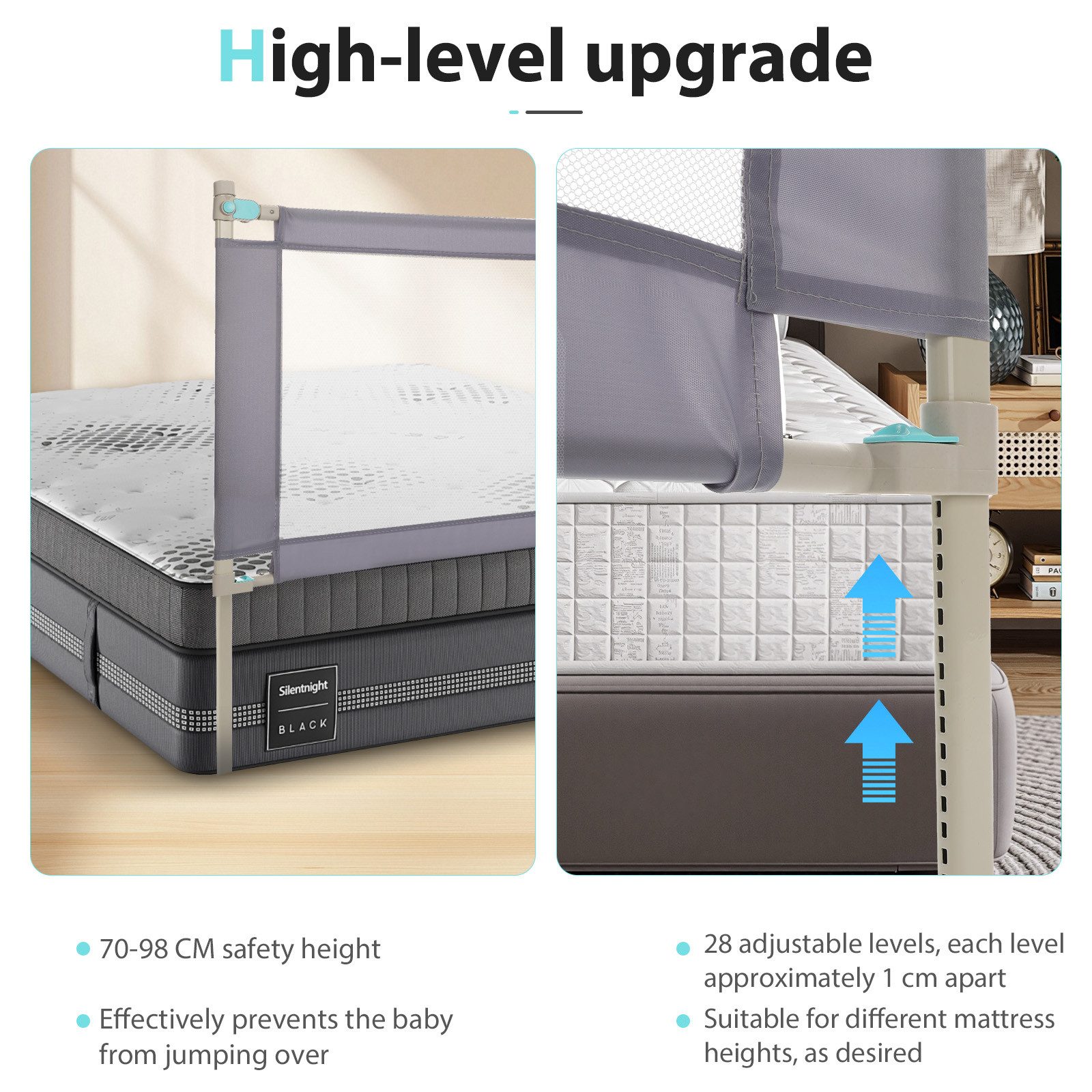 oyajia Bettschutzgitter Kinderbettgitter Babybettgitter, 150/180/200 cm,Rausfallschutz für Baby,höhenverstellbar & kombinierbar