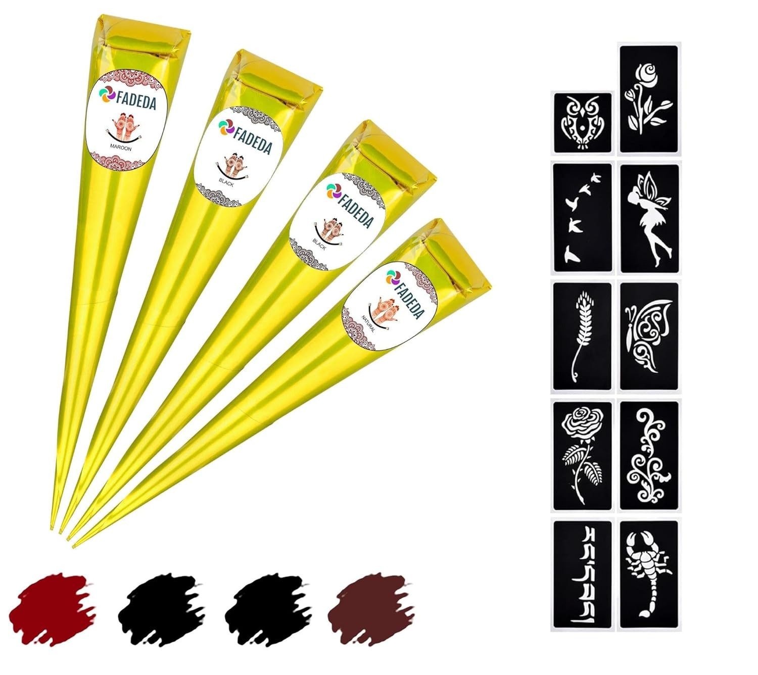 FADEDA Strass-Tattoo 4x Henna Kegel je 25g natürliche Paste, 10x Schablonen, 100 % Bio, 4 Henna Kegel je 25 Gramm + 10x Schablonen, 100 % NATÜRLICHE HENNA-PASTE INKLUSIVE 10x SCHABLONEN