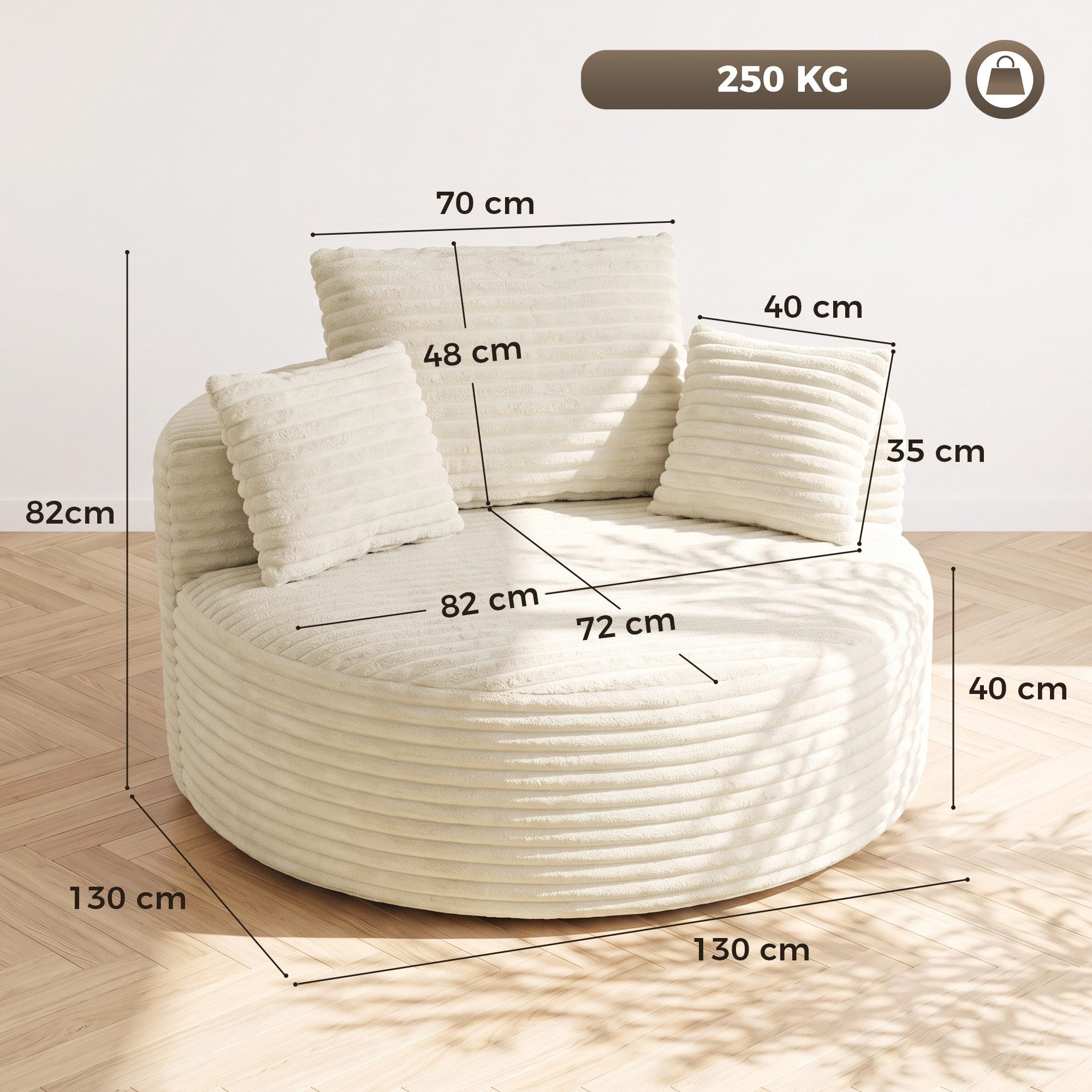 HOMCOM Sessel Rahmenloser Relaxsessel aus Cord-Optik (Set, 1-St., 1), Extra tiefer Sitz, Vollschaumstoff, Kissen-Set – Bild 3 von 5