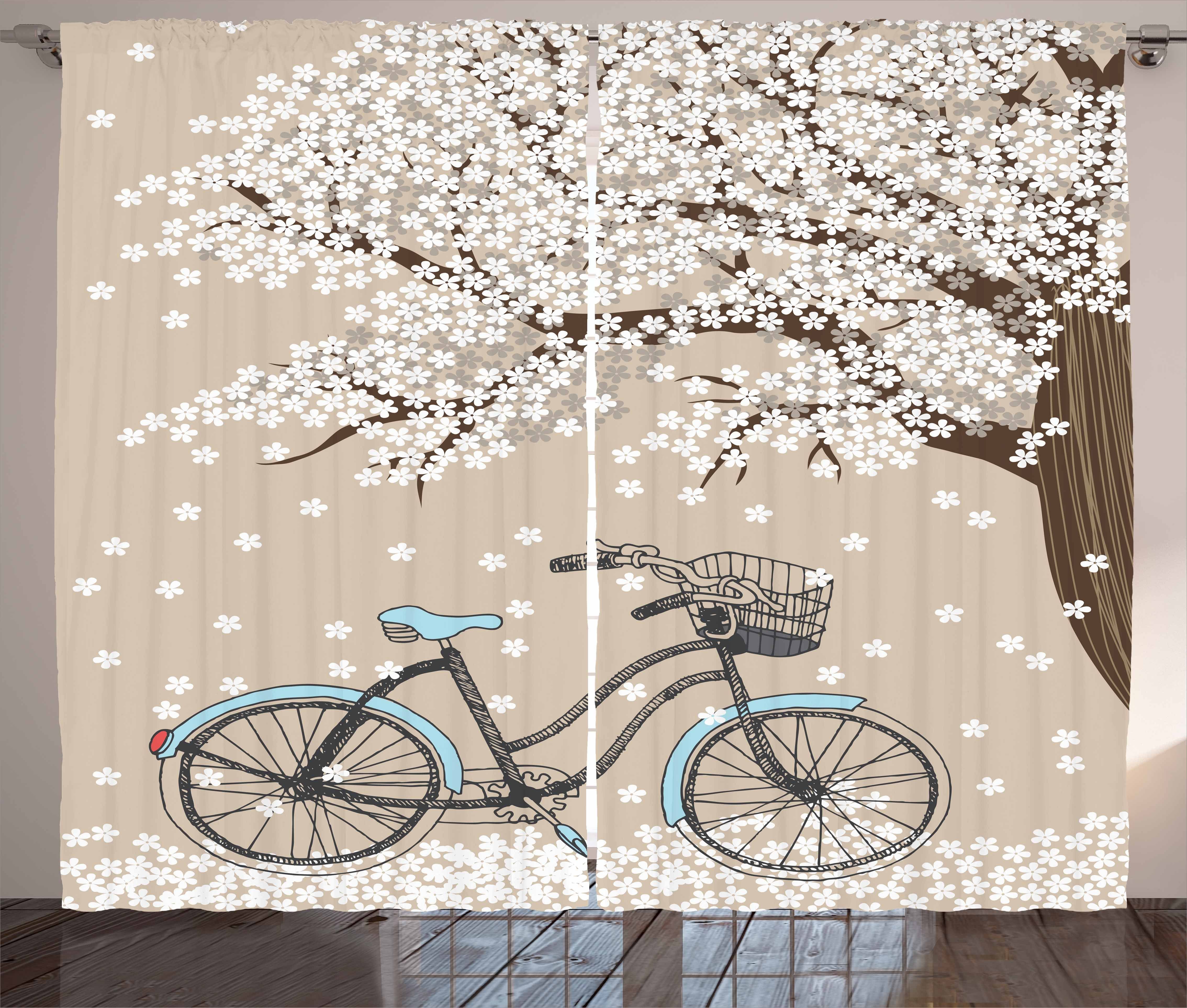 Kräuselband Baum und Blühender mit im Schlaufen Haken, Frühjahr Fahrrad Abakuhaus, Gardine Vorhang Schlafzimmer