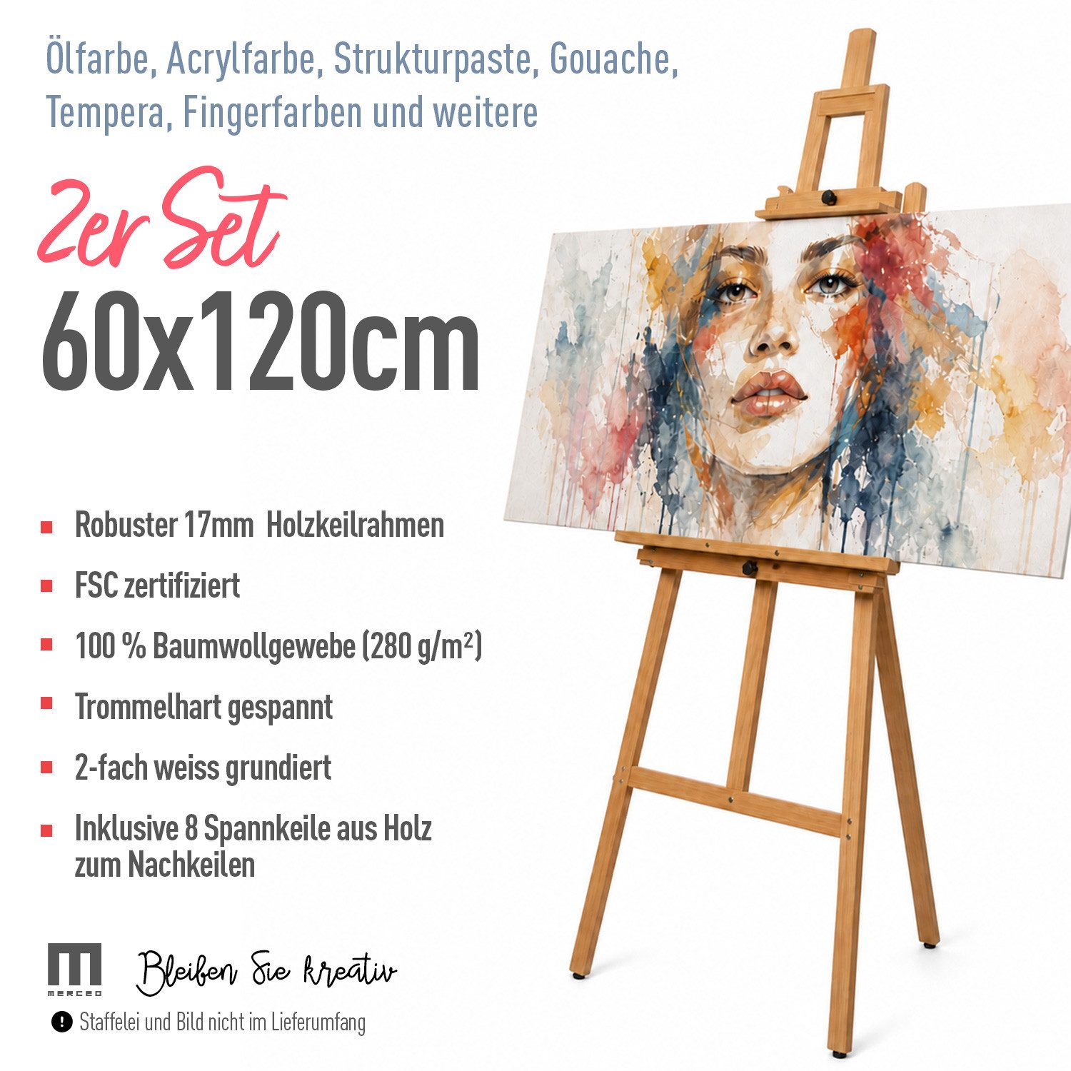 M MERCEO Leinwand Künstlerleinwand 60x120cm 2er Set - Weiße Leinwand zum Bemalen, 2er-Set Leinwand 60x120cm (zum Bemalen, Baumwolle, Keilrahmen,280g/m) – Bild 2 von 5
