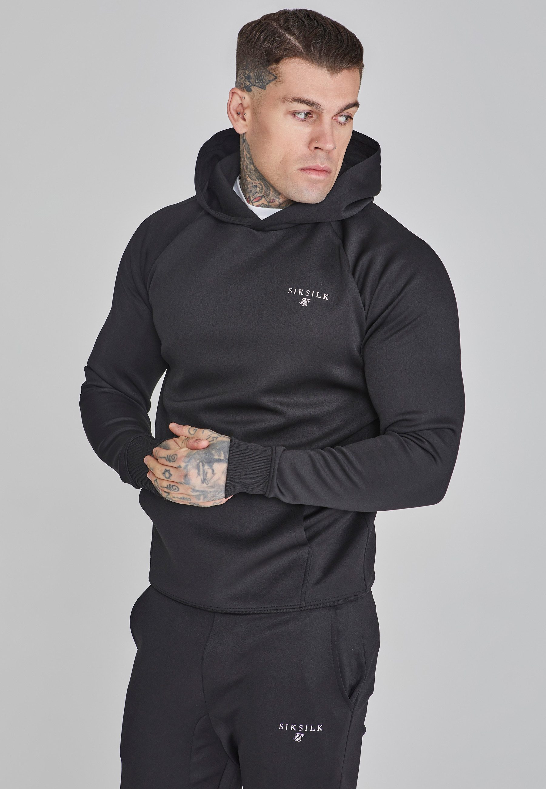 Siksilk Hoodie SikSilk Herren Schwarzer Essentials Poly Kapuzenpullover