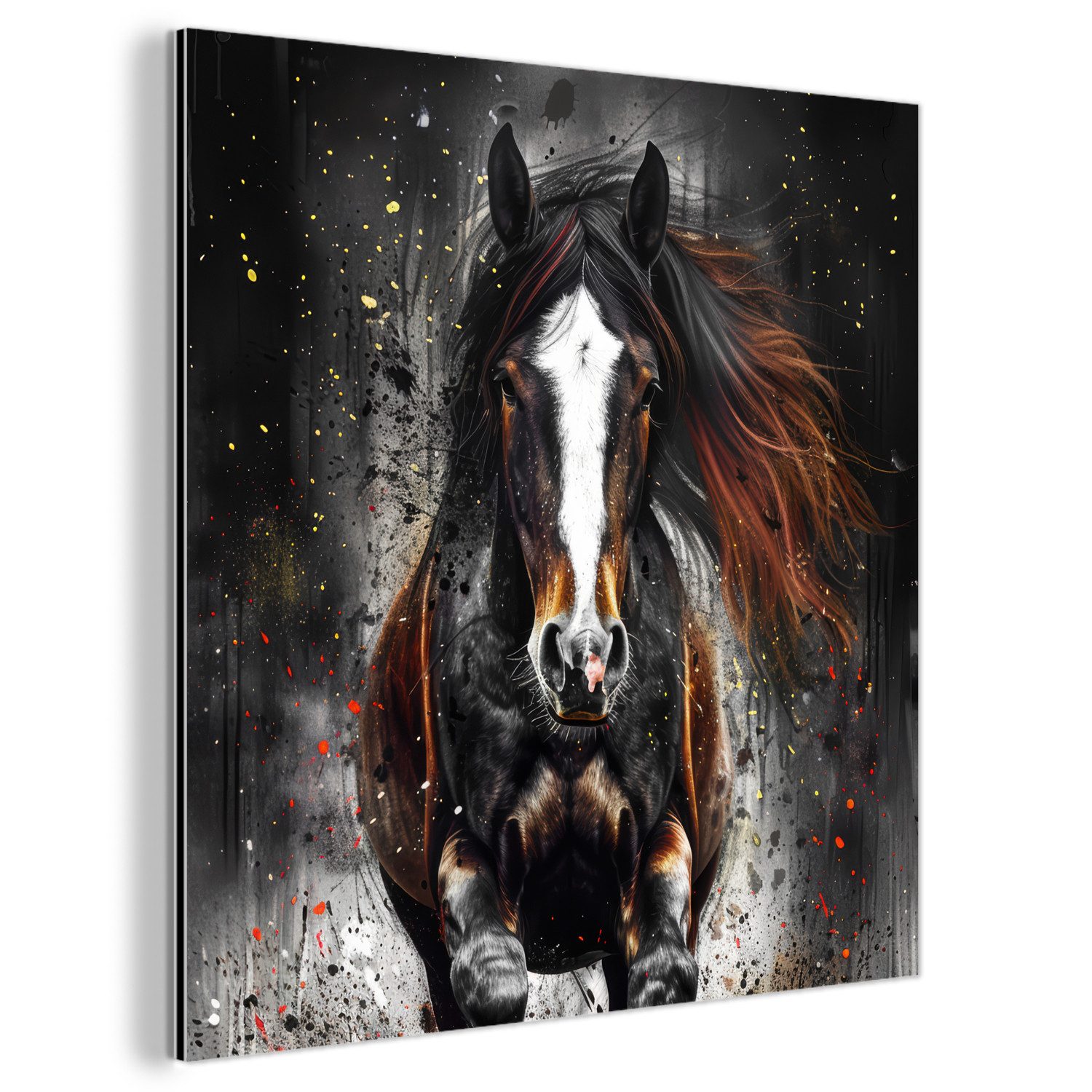 MuchoWow Metallbild Pferd - Tiere - Schwarz - Luxus - Modern, Inkl. Aufhängung, Alu-Dibond-Druck, Wandbild aus Metall, Aluminium deko, 20x20 cm