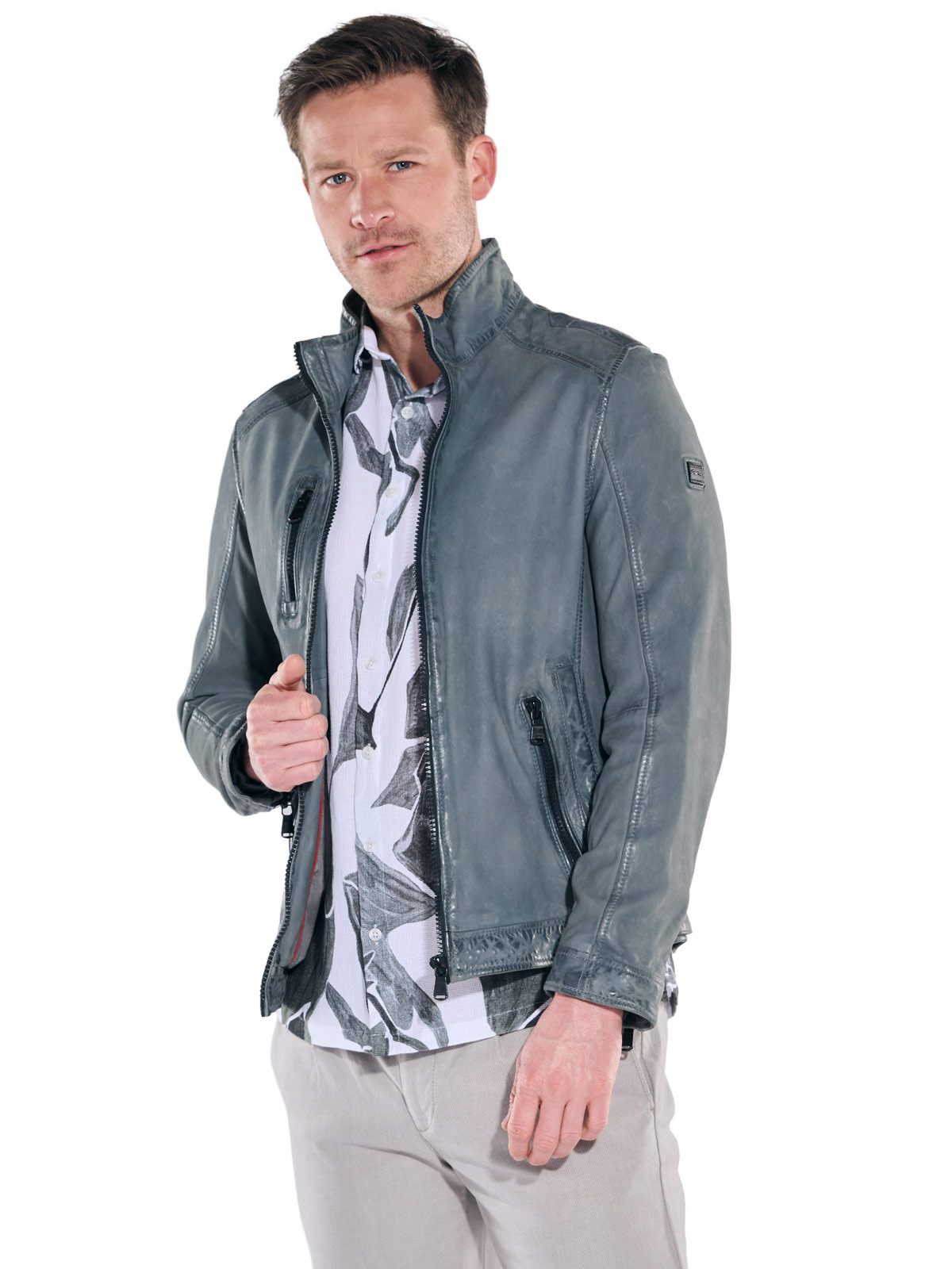 Engbers Lederjacke Herren Lederjacke mit langem Stehkragen, Hellblau günstig online kaufen
