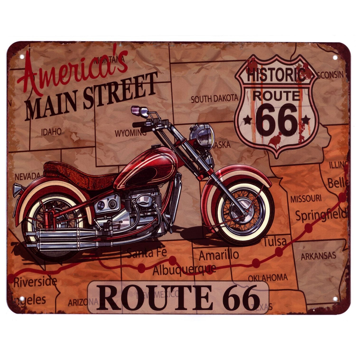 Moritz Metallschild Blechschild ROUTE 66 Americas Main Street, (Einzeln), 20 x 25cm Vintage Retro Deko Schild Metallschild Wandbild Schild