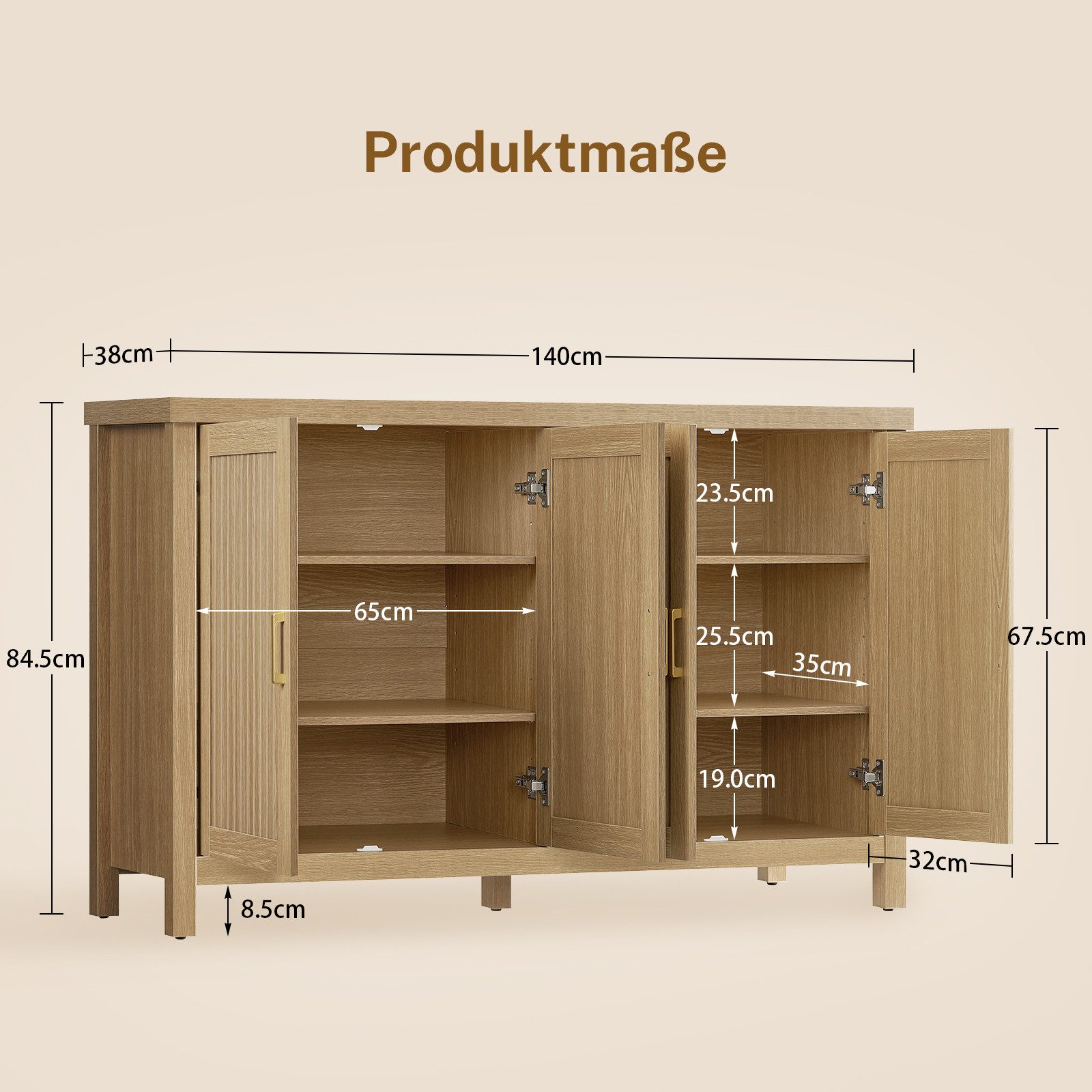 TEENFON Sideboard 140 cm breites Sideboard (mit gestreiften Türen und goldenen Griffen) (1 St) – Bild 5 von 5