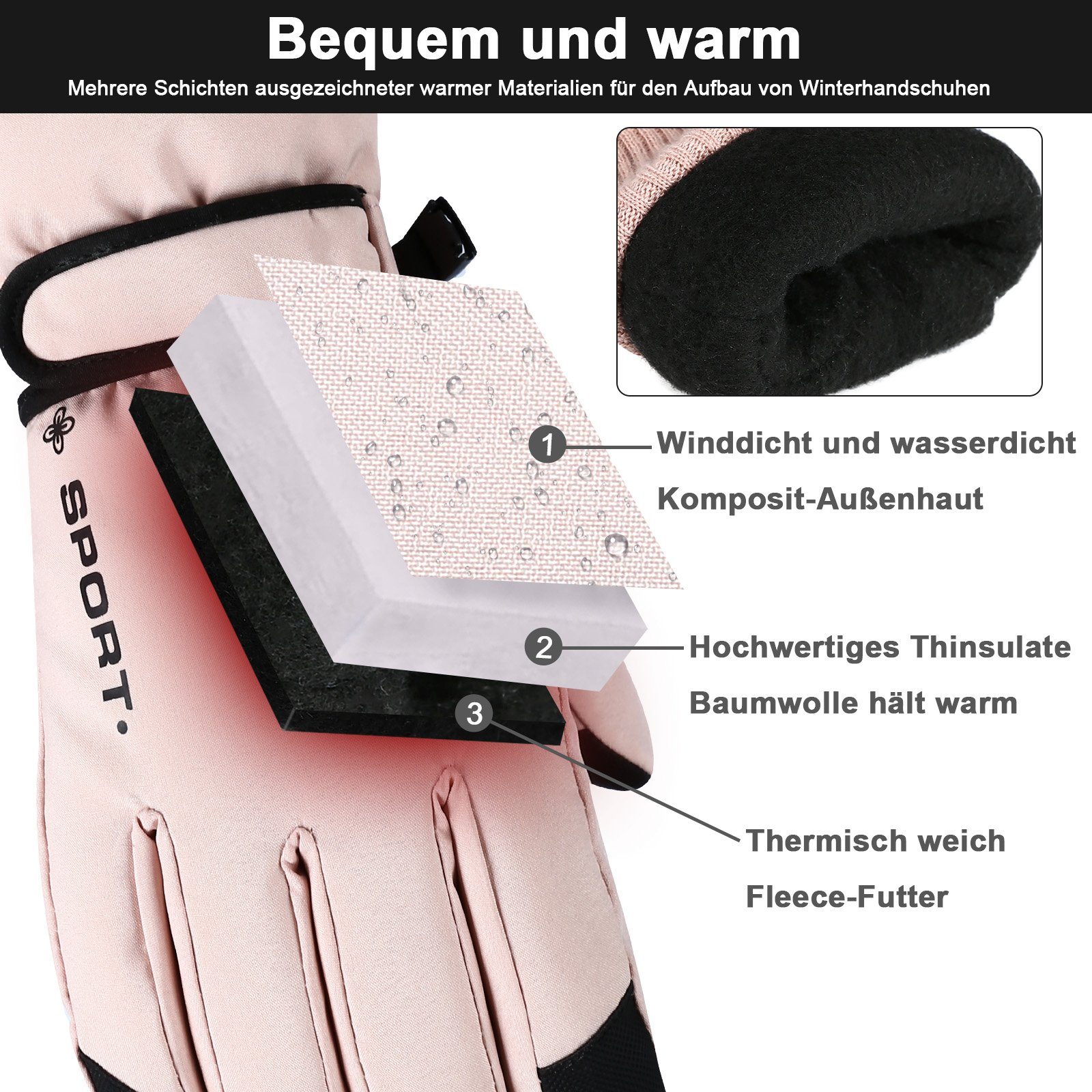 Winterhandschuhe,Damen Winddicht Wasserdichte Wasserdich Handschuhe BTTO Rosa Skihandschuhe, Touchscreen und Fahrradhandschuhe Skihandschuhe rutschfest
