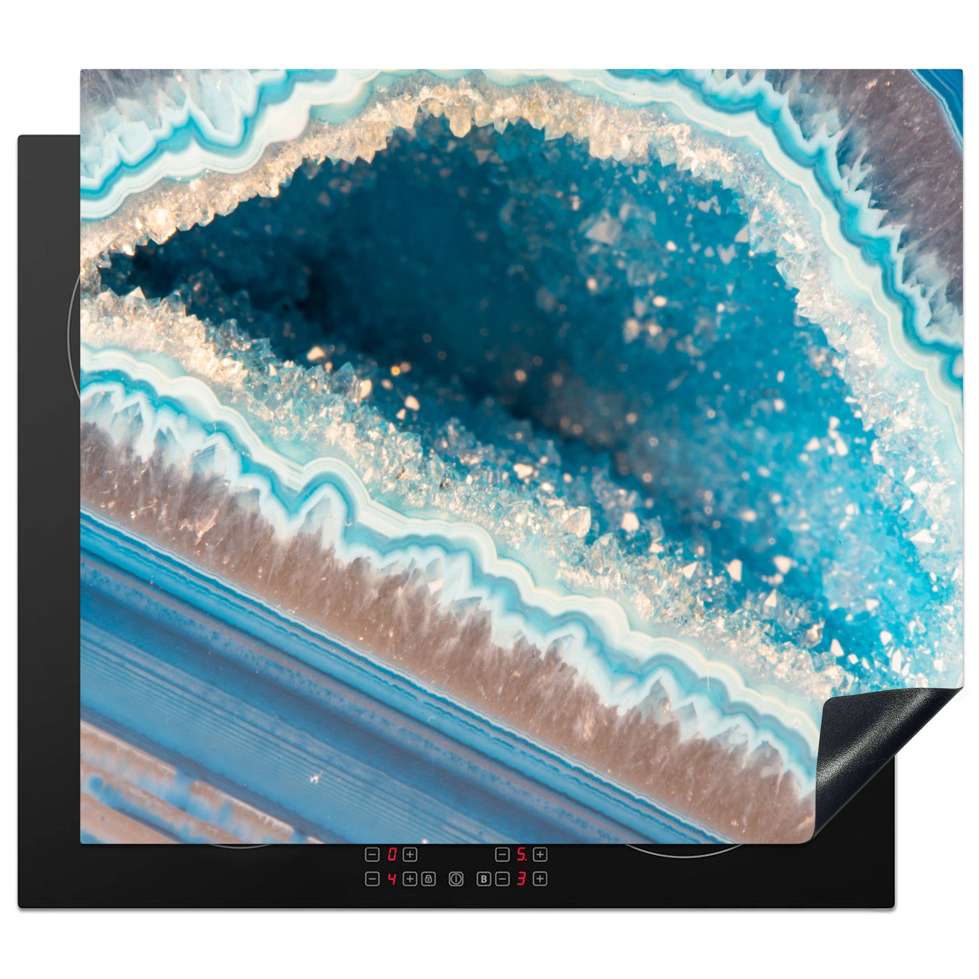 MuchoWow Herdblende-/Abdeckplatte Nahaufnahme eines weißen und blauen Achats, Vinyl, (1 tlg), 60x52 cm, Mobile Arbeitsfläche nutzbar, Ceranfeldabdeckung