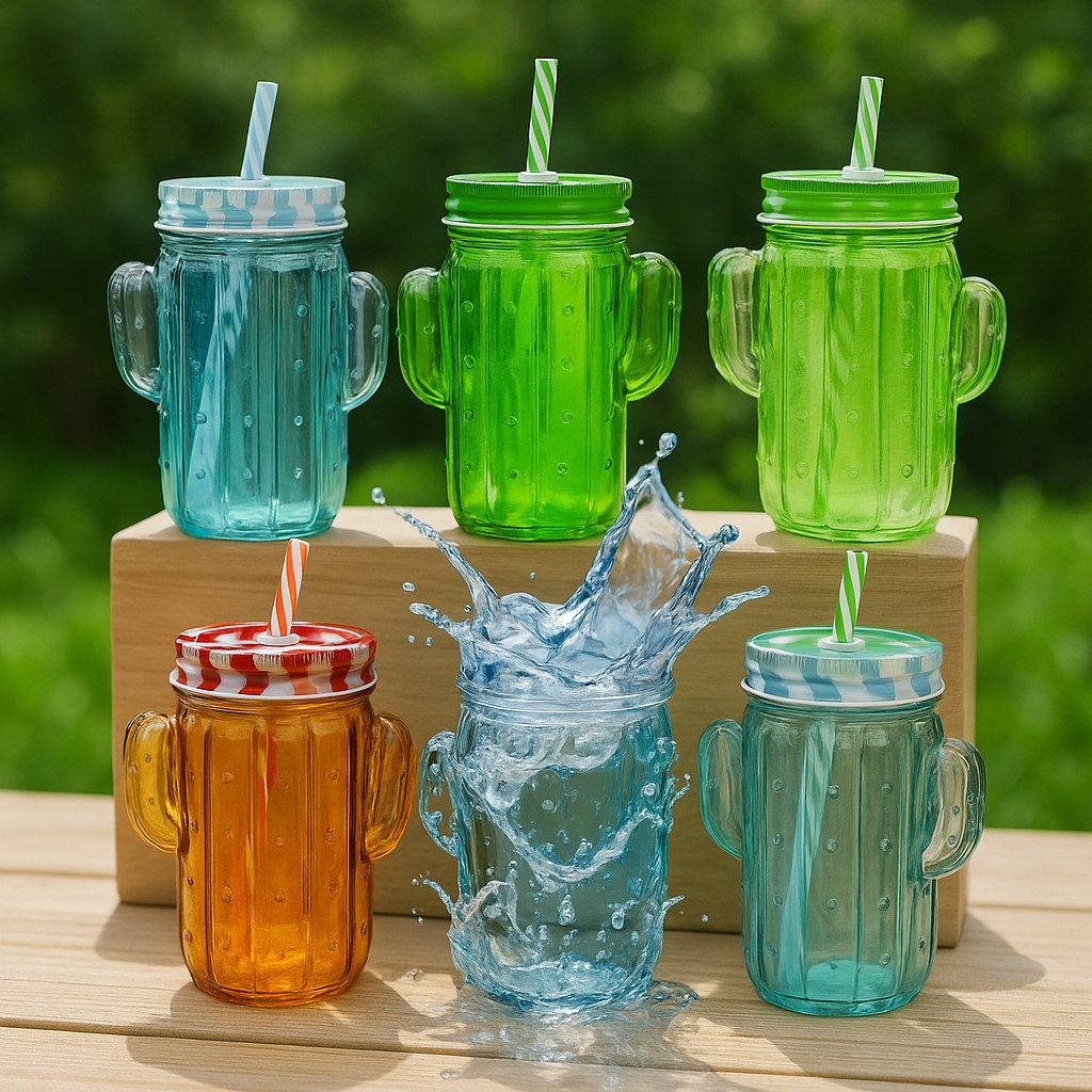 Haushaltshobel 6er Set Trinkgläser Kaktus Gläser 450ml mit Henkel Deckel & Mehrweg