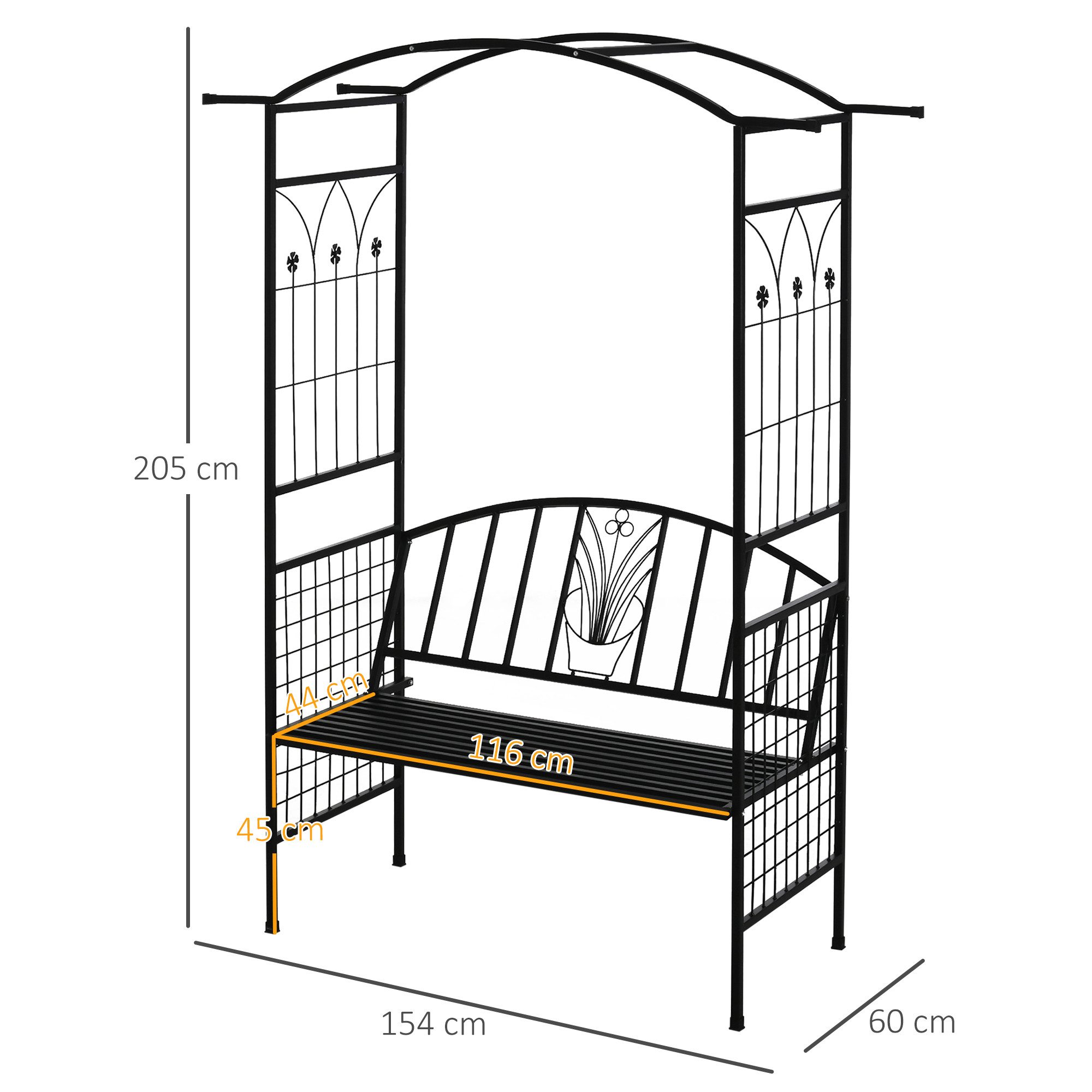 Outsunny Rosenbogen Torbogen Rankgitter Rankhilfe Garten Bogendach Sitzbank, 1 St., Pflanzbogen mit Bank, Metall Schwarz 154 x 60 x 205 cm – Bild 3 von 5