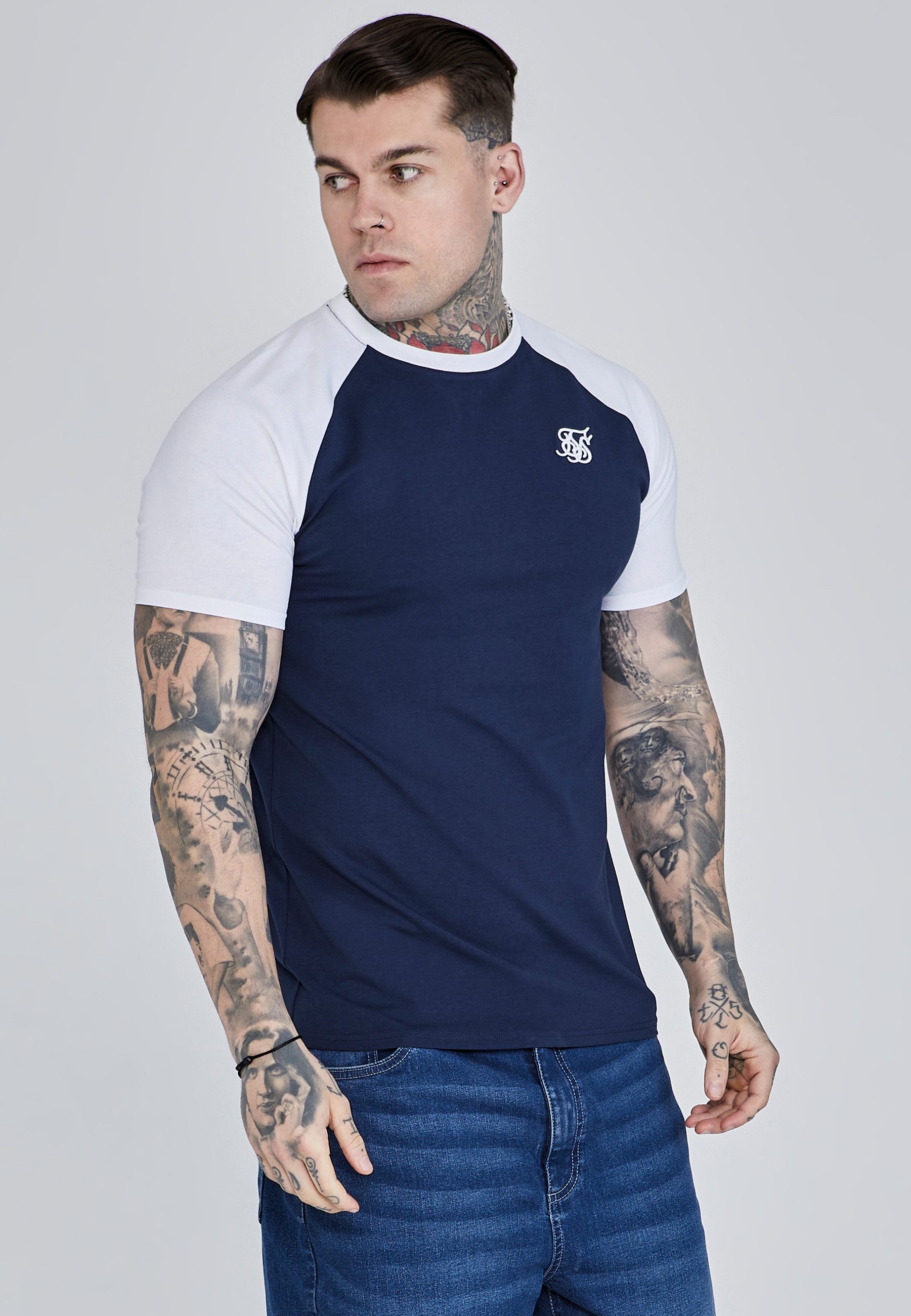T-Shirt SikSilk Herren Marine-Weiß Raglan T-Shirt