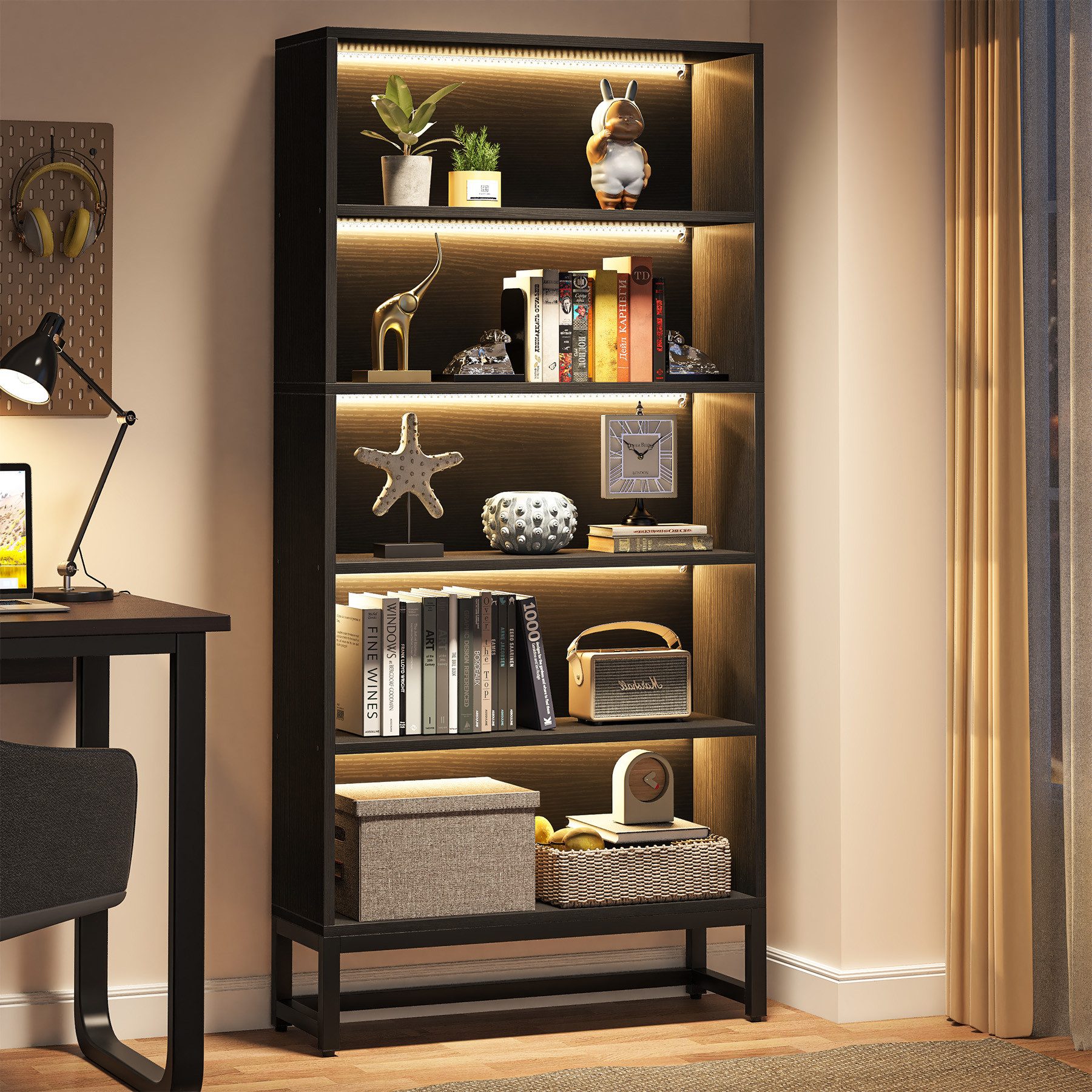 Tribesigns Bücherregal Bücherregal 180 cm mit LED-Beleuchtung, 5-stöckiges schwarzes Regal