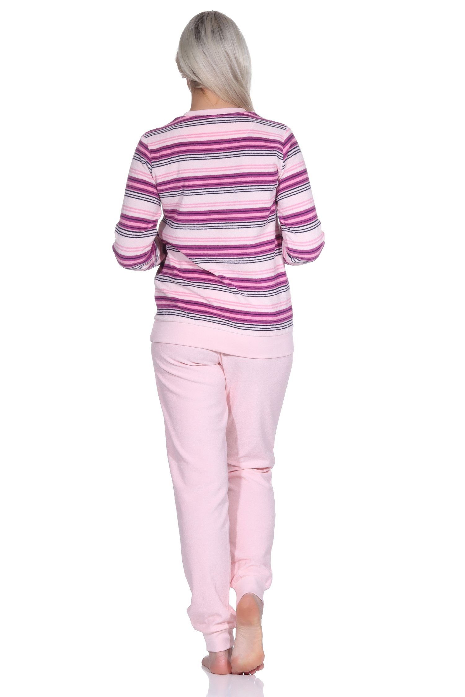 Damen Schlafanzug rosa mit Pyjama Normann Streifenoptik Bündchen Frottee Kuschel