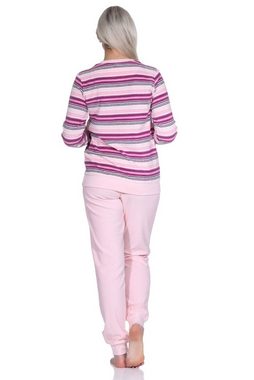 Normann Pyjama Damen Kuschel Frottee Schlafanzug mit Bündchen Streifenoptik