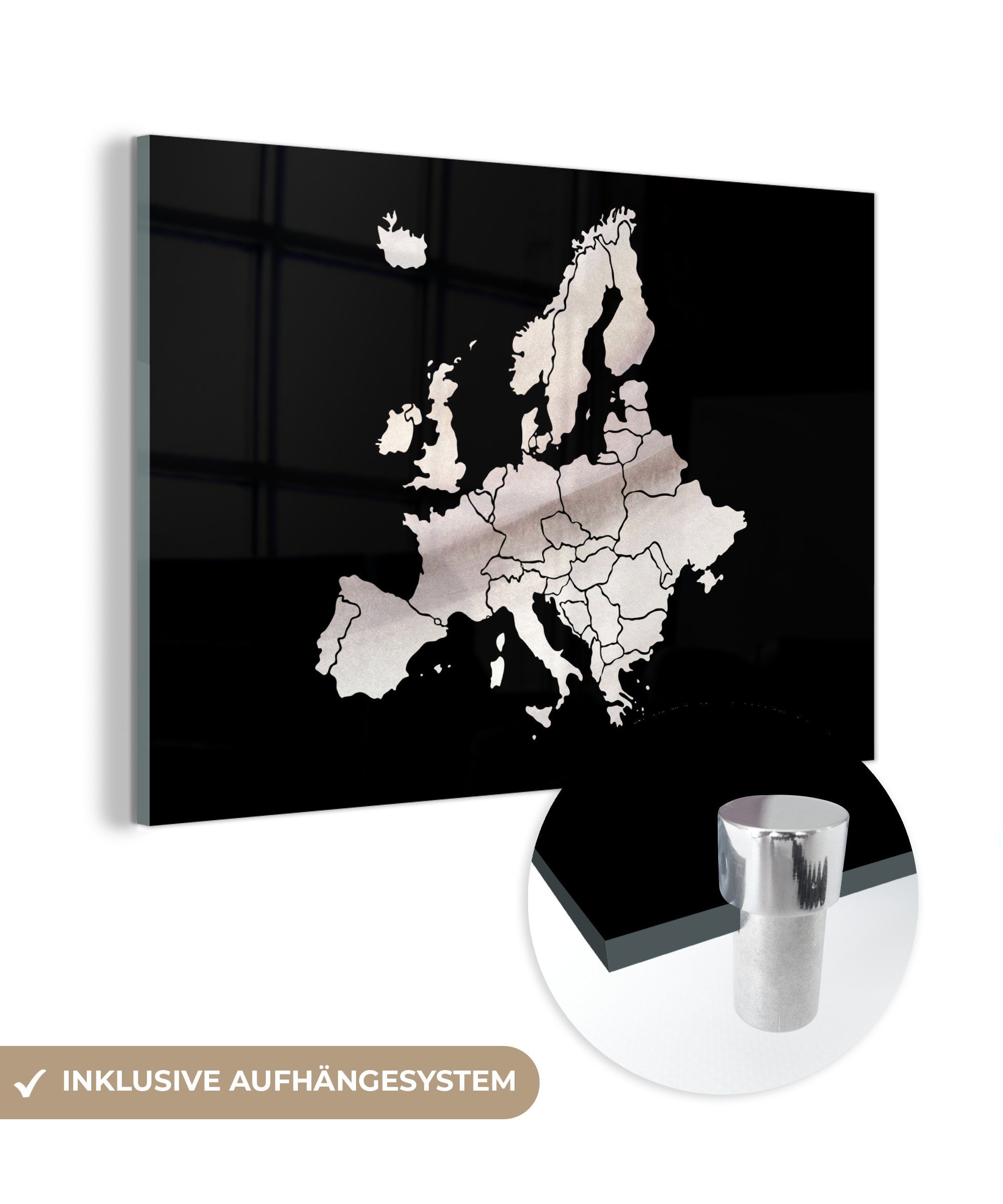 MuchoWow Acrylglasbild Karte - Europa - Weiß, (1 St), Acrylglasbilder Wohnzimmer & Schlafzimmer