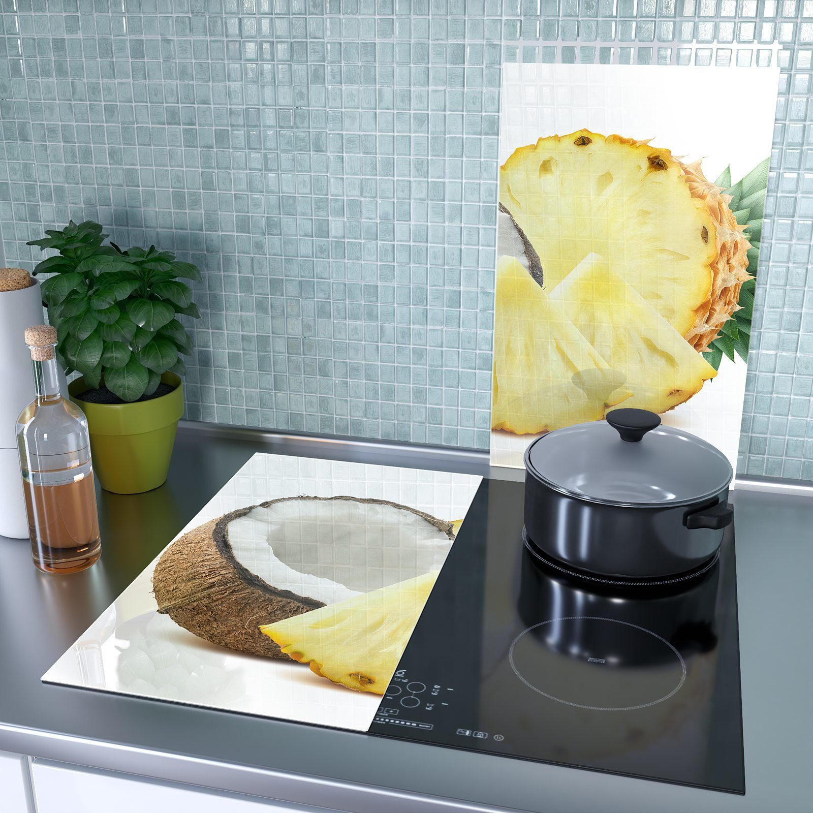 Glas Herdabdeckplatte Spritzschutz Ananas, und Herd-Abdeckplatte Glas, Primedeco aus tlg) (2 Kokosnuss