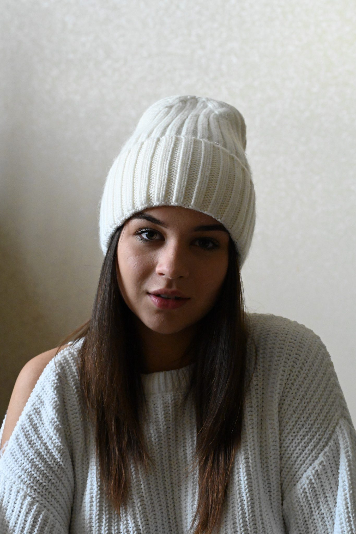 Runde Perlé Beanie warme Wintermütze 100% Merinowolle weiß Beanie aus reiner, extrafeiner Merinowolle mit Umschlag