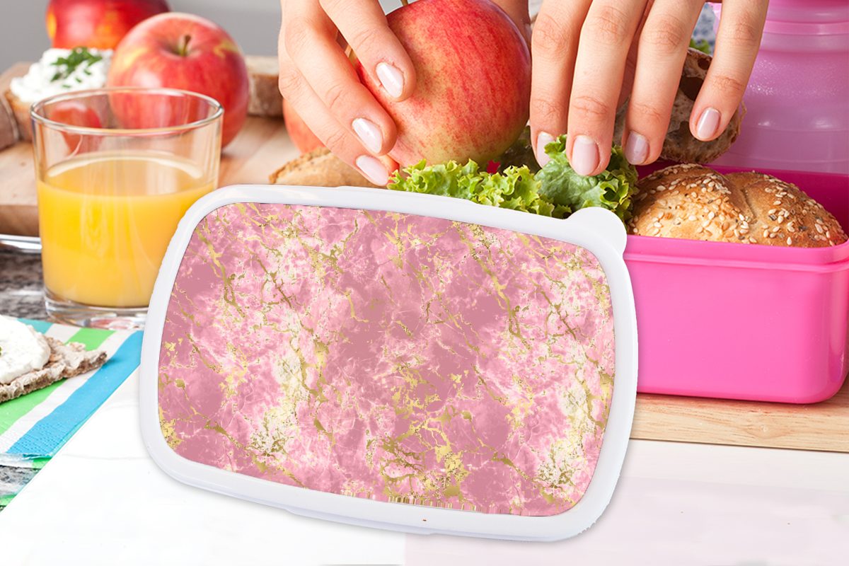 MuchoWow Lunchbox Gold Kinder, Brotbox Brotdose Design, Erwachsene, für Mädchen, - Luxus Marmor Kunststoff - (2-tlg), - rosa Kunststoff, Snackbox