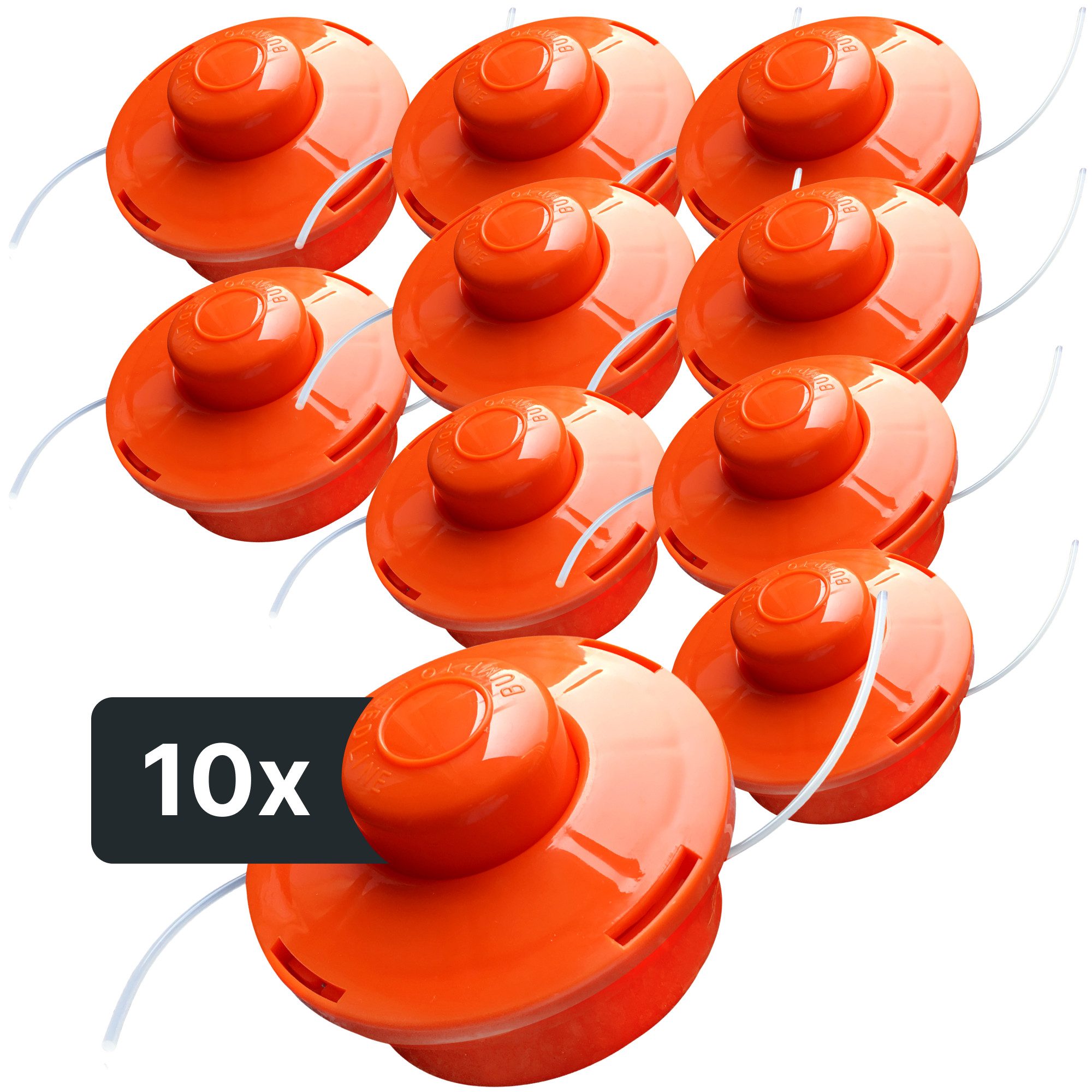 NEMAXX Fadenspule 10x FS1 Fadenkopf Doppelfaden Tap&Go Tippautomatik M10x1,25 LH 2,0 mm, (Trimmerkopf für Motorsense / Freischneider–Schnittkreis 380 mm–Orange), drehzahlfest bis 10.500 U/min, effizientes Trimmen, bruchsicher