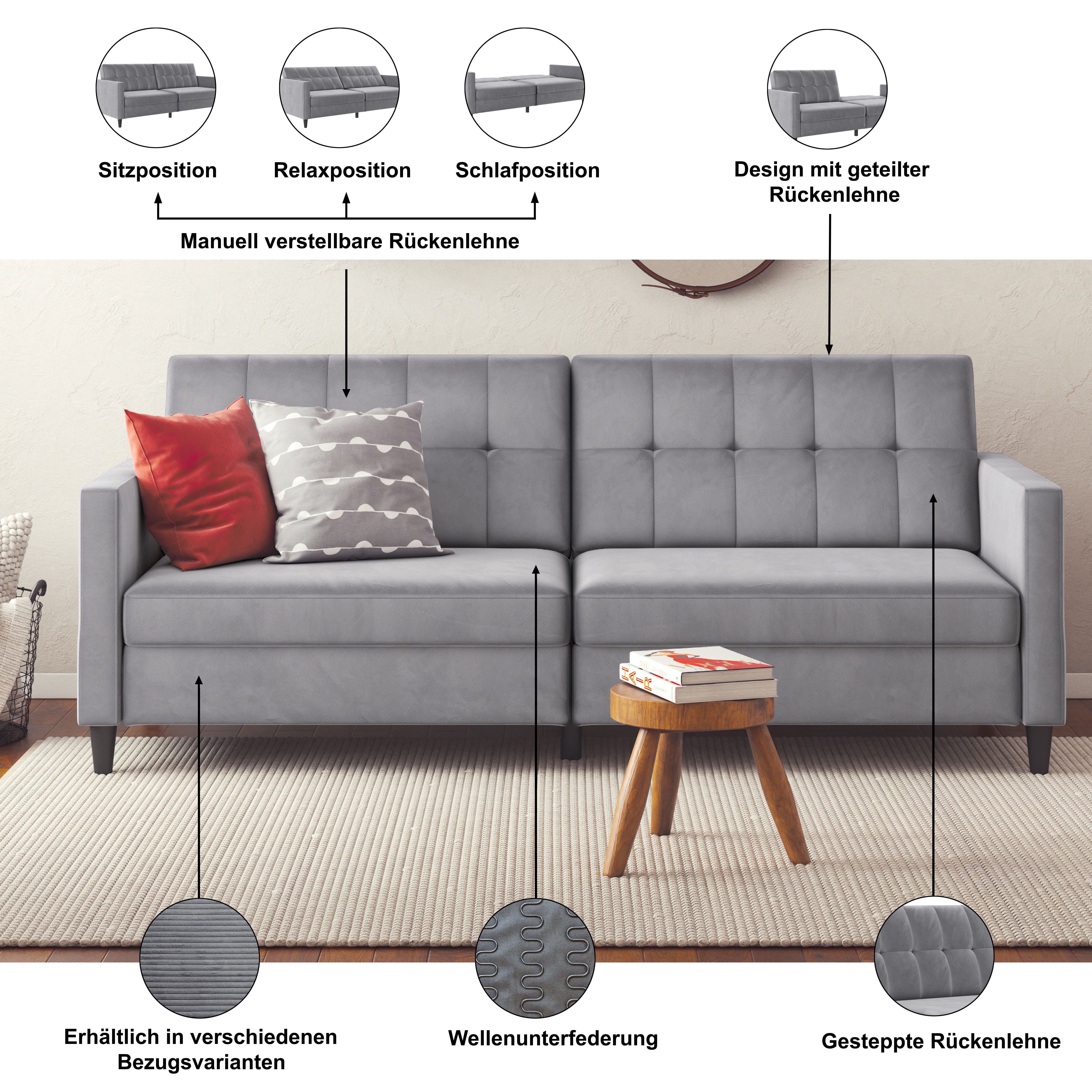 Dorel Home 3-Sitzer Hartford II, Bettfunktion, Rückenlehne 2-teilig, 3-fach verstellbar, Sitzhöhe 43 cm