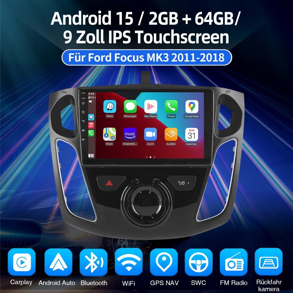 ESSGOO DAB+ Carplay Für Ford Focus MK3 2011-18 Autoradio Android 15 GPS NAVI Autoradio (RDS, 4+64GB(optional), Digitalradio (DAB), FM, AM, Carplay Android Auto Bluetooth EQ USB GPS Navi WIFI Touchscreen)