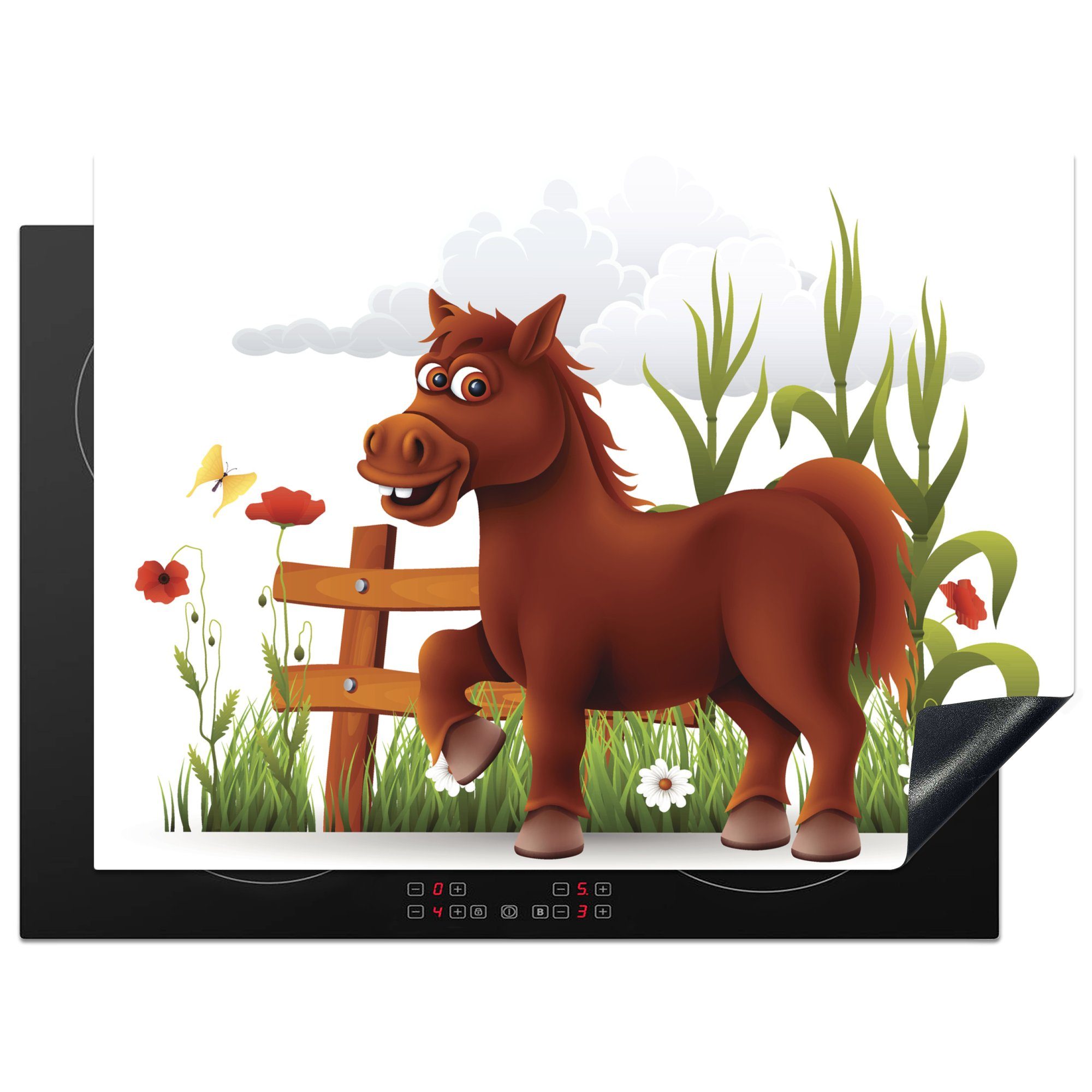 MuchoWow Herdblende-/Abdeckplatte Eine Illustration eines Ponys auf der Wiese, Vinyl, (1 tlg), 70x52 cm, Mobile Arbeitsfläche nutzbar, Ceranfeldabdeckung