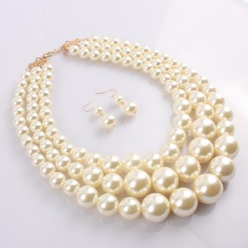 SOTOR Bead-Ketten-Set Women's Schlüsselbein Perlenkette und Ohrringe Schmuck-Set (3-lagige Kunstperlen-Halskette Chunky Pearl Beads Halskette)
