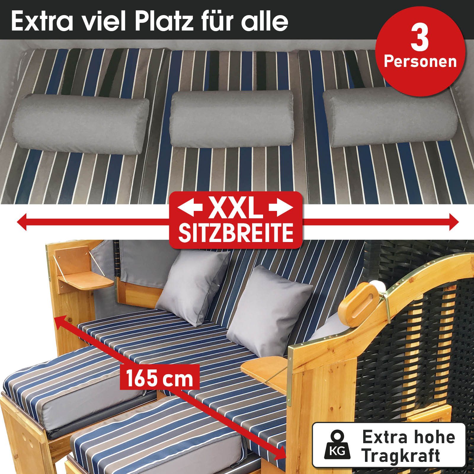 BRAST Strandkorb für 3 Personen, 120cm breit, 5 Designs, BxTxH: 165x79x150 cm, Volllieger, Strandkorb 3Sitzer Usedom, incl. wetterfeste Abdeckhaube verstellbare Rückenlehne Fußkissen