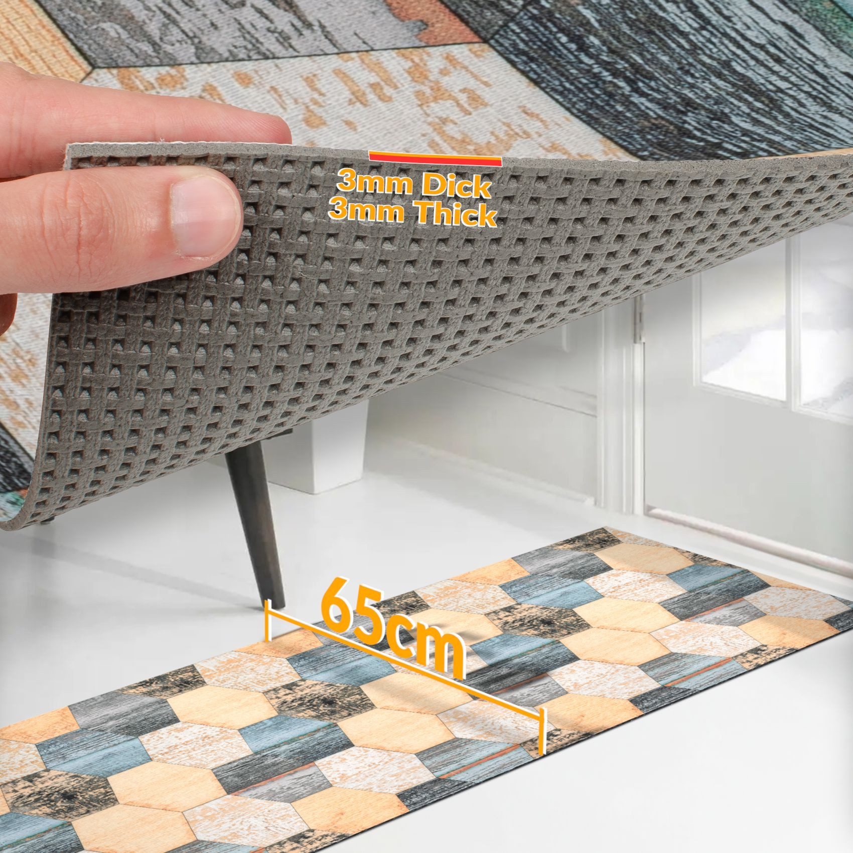 ANRO Küchenläufer RANNA Hochwertig Küchenteppich Teppich Textil, Eckig, Bodenläufer 100x65cm Holz Patchwork Beige pflegeleicht