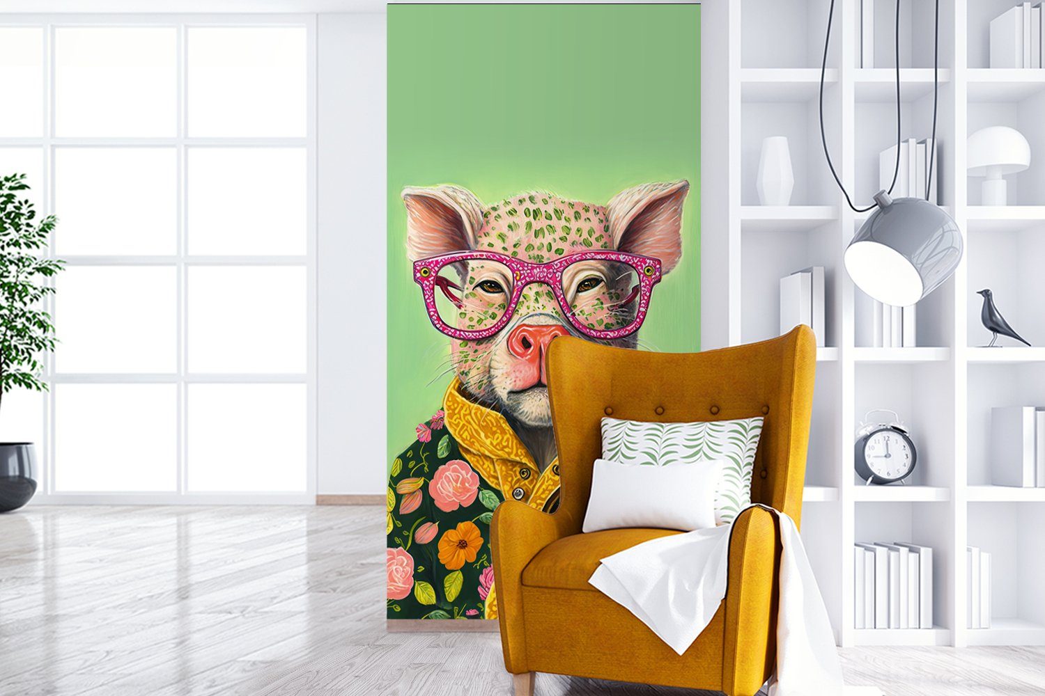 Schwein Rosa Schlafzimmer bedruckt, Fototapete MuchoWow Wohnzimmer St), Blumen Vliestapete (2 - Brille - Tier, Fototapete Küche, - für - Matt,