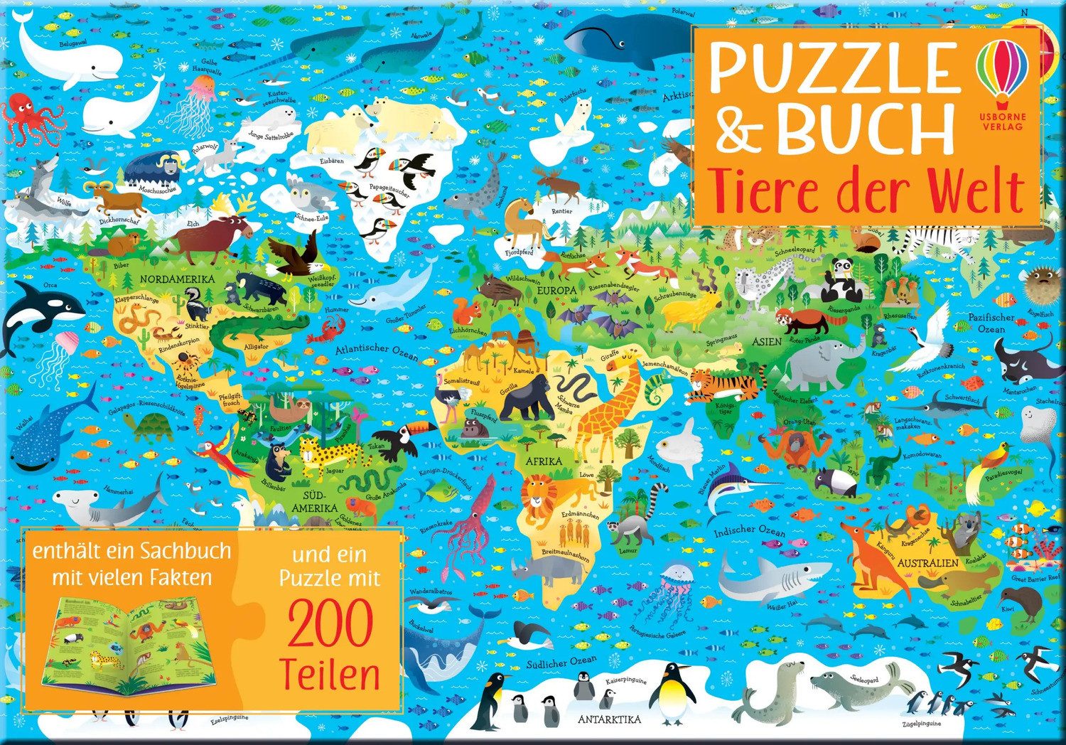 Usborne Verlag Puzzle 200 tlg. Puzzle & Buch: Tiere der Welt, 200 Puzzleteile