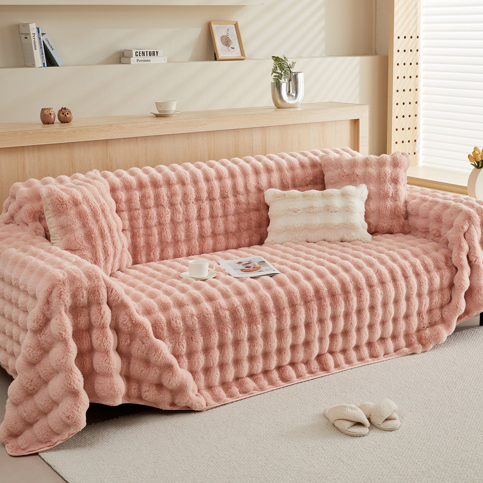 Sofa Dick Kunstpelz Sunicol, aus Rosa#2 Antirutsch, Warme, Wohnzimmer Sofabezug SofaÜberwurf Sitzkissenbezug, Couchbezug, Superweiche Plüsch Winter für