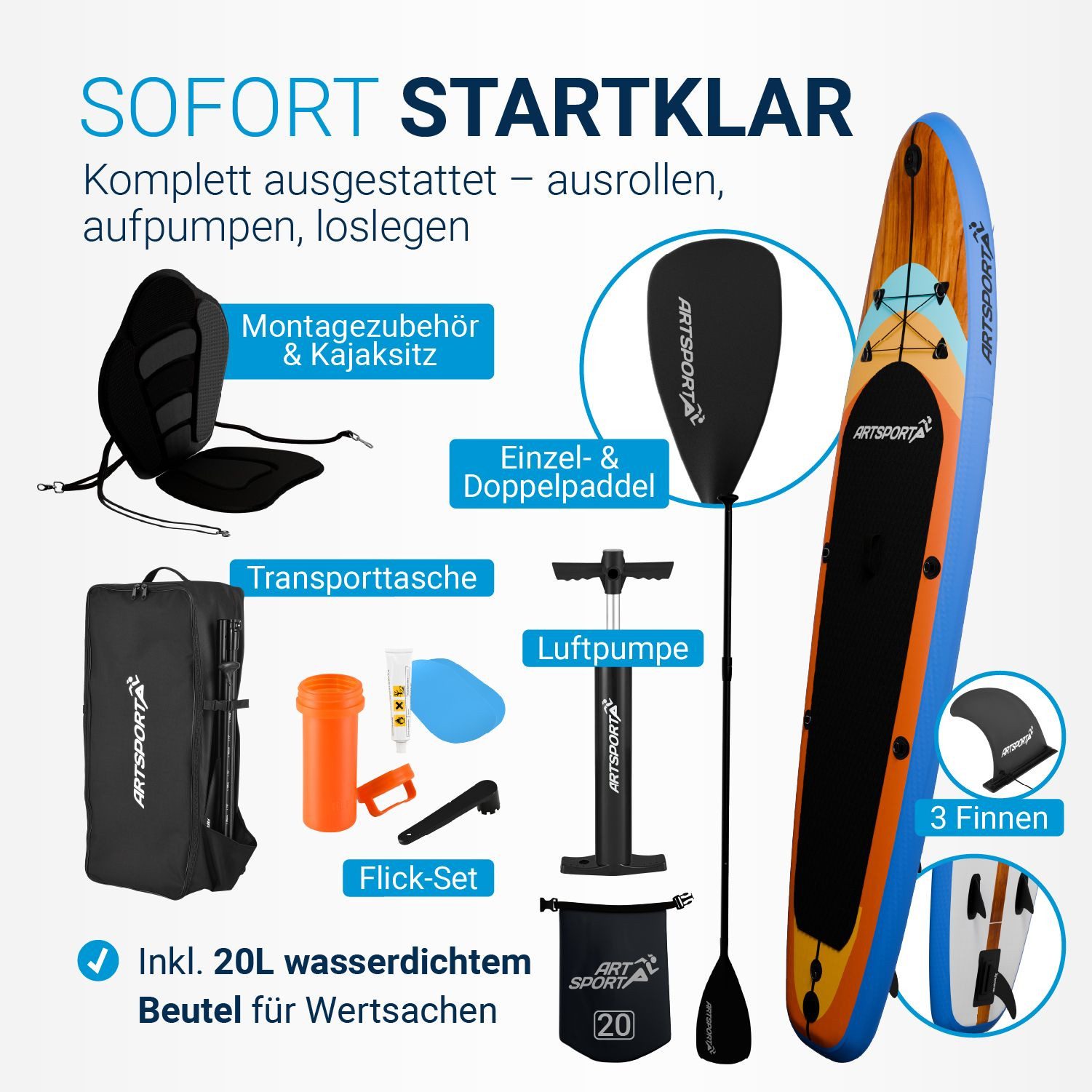 ArtSport Inflatable SUP-Board Beach Rocker, Stand Up Paddling Board, Ideal für Anfänger, bis 150 kg, inkl. Kajak-Set und Zubehör