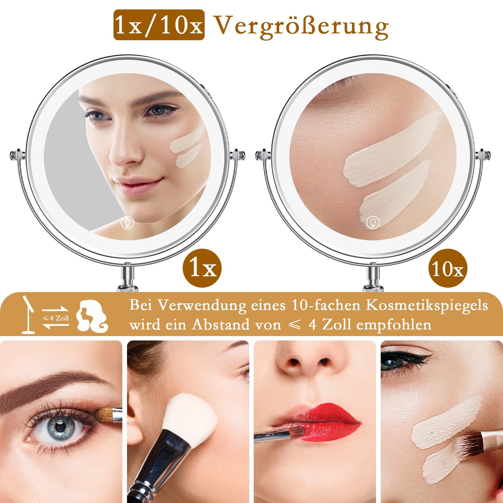 skelo Kosmetikspiegel Schminkspiegel mit Beleuchtung, 10-fach Vergrößerung, Höhenverstellbar (1-St., Kosmetikspiegel mit Standfuß, Standspiegel doppelseitig), 2000mAh, 10X Vergrößerung, Höhenverstellung 39-49 cm, 3 Farbtemperatur