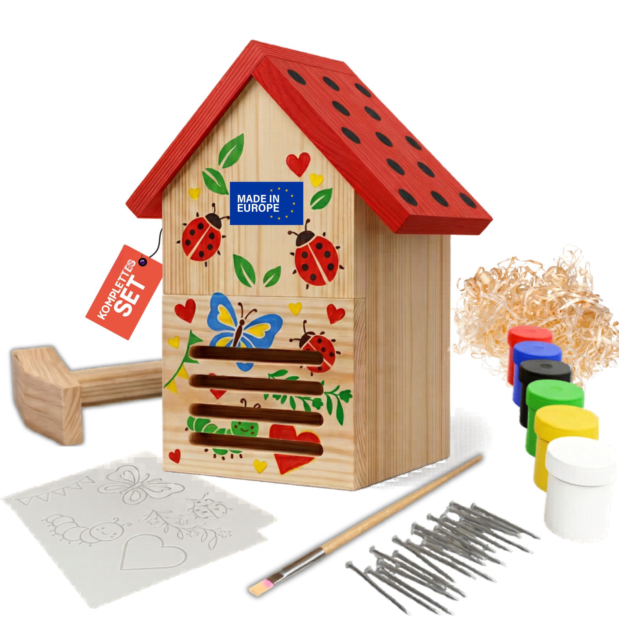 Eli Insektenhotel Marienkäferhaus Bausatz für Kinder aus Kiefernholz zum Bemalen, (inkl. 6 Farben - Pinsel - Hammer - Nägel, Schablonen & Vorlagen und Füllmaterial), DIY Marienkäferhotel für Garten & Balkon