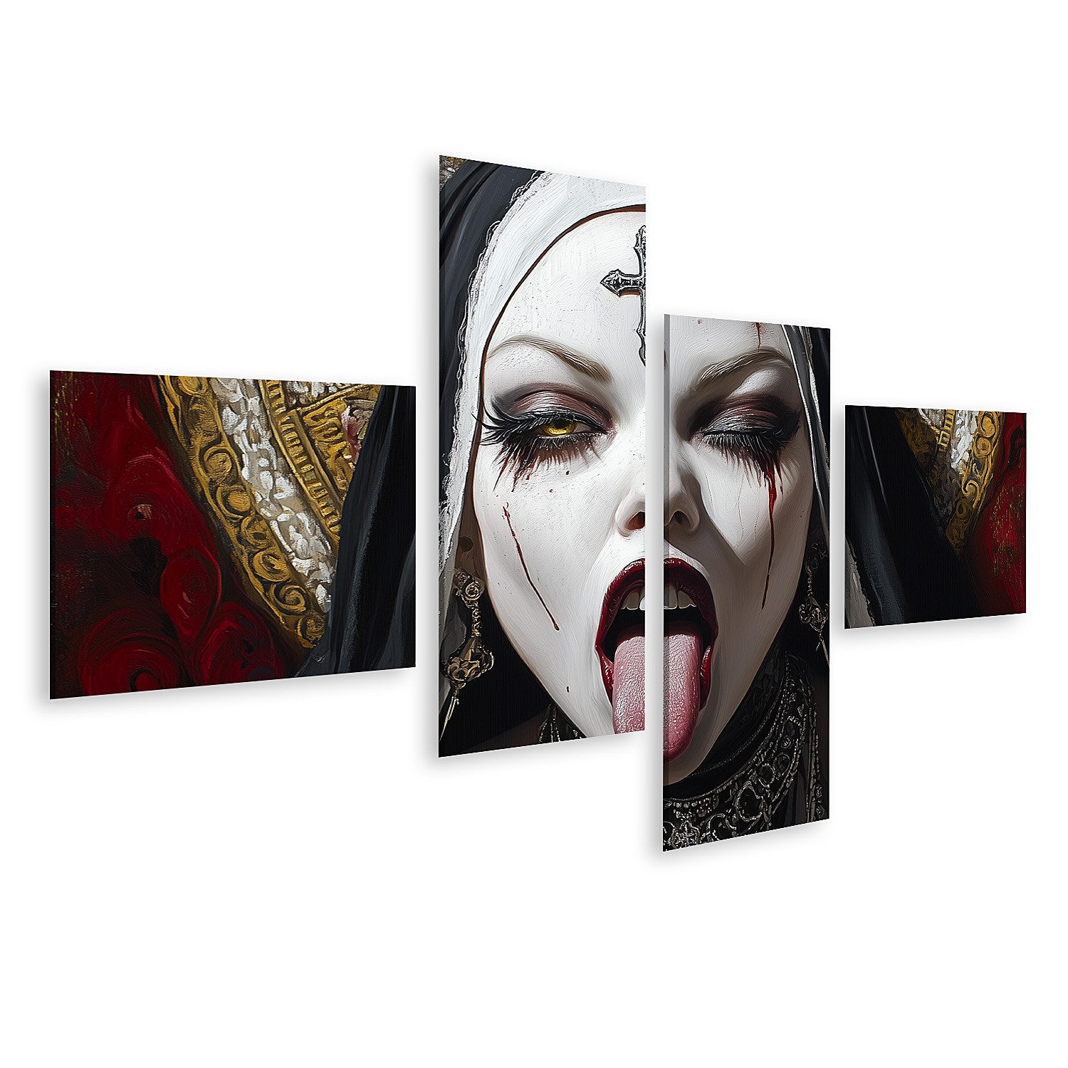 islandburner Leinwandbild Gothic Nonne mit ausgestreckter Zunge und Kreuz