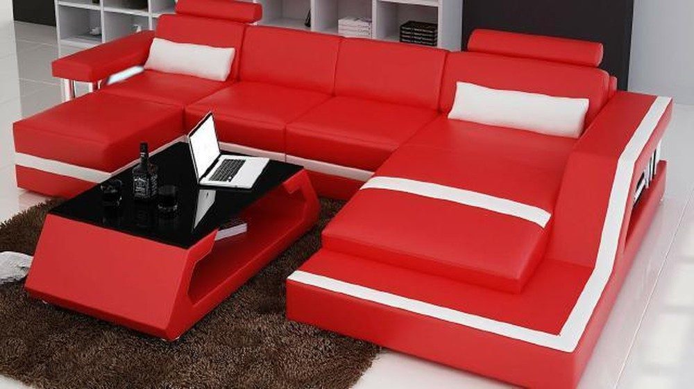 JVmoebel Ecksofa Rotes Ledersofa mit italienischem Echtleder und Kissen, Made in Europa