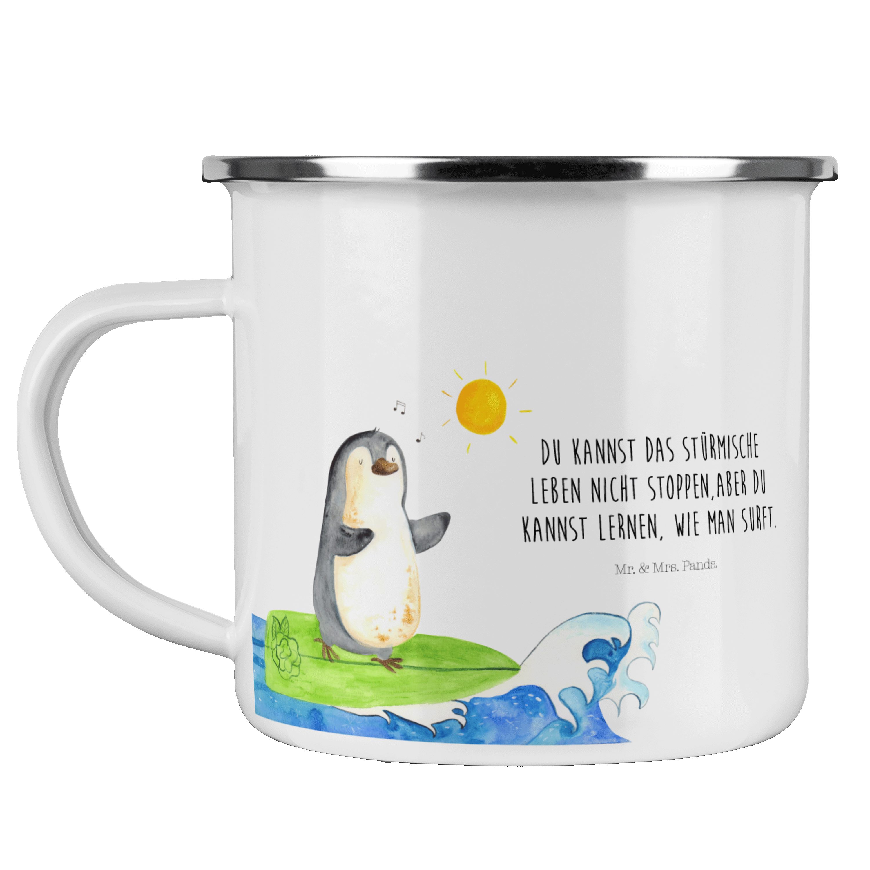 Mrs. für & Geschenk, - Metalltasse Weiß Becher Panda - Emaille Wellen Mr. Pinguin Surfer reiten, Camp,