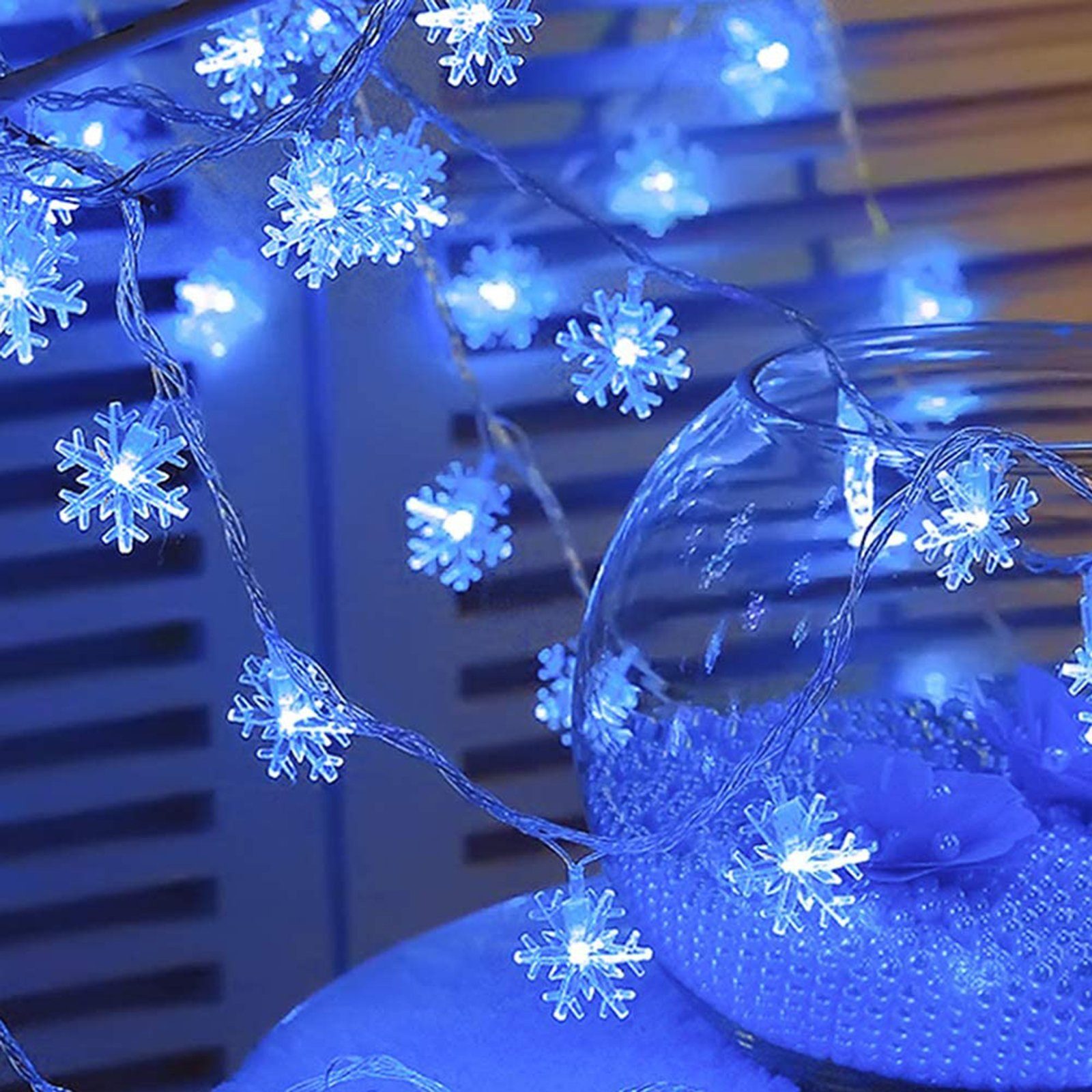 Rosnek LED-Lichterkette Lichtervorhang,Schneeflocke,Batteriebetriebene, Weihnachten Blau Deko