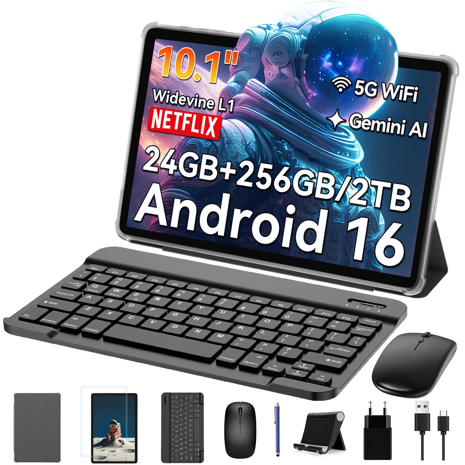 BESTTAB TABWEE Tablet 10" Android 16 Set WiFi 256GB Tablet (10", 256 GB, Android 16, Android 16, mit Stift/Maus/Tastatur, Gemini Al)