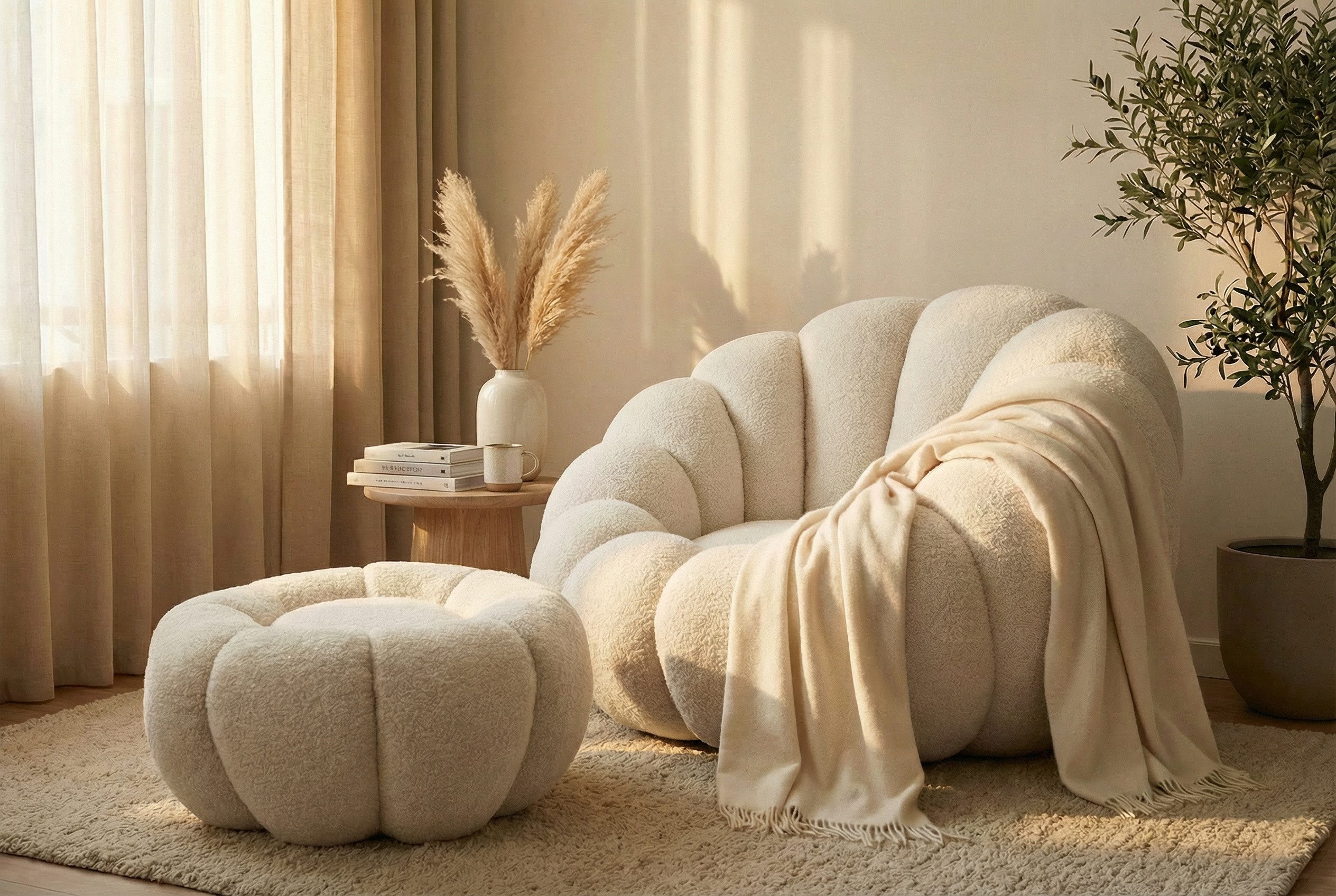 yourhouse24 Drehsessel ORIA, Boucle-Stoff, Sessel mit Fußstütze (Set, 2-St., Relaxsessel mit Hocker), 360° drehbar, Low-Seating