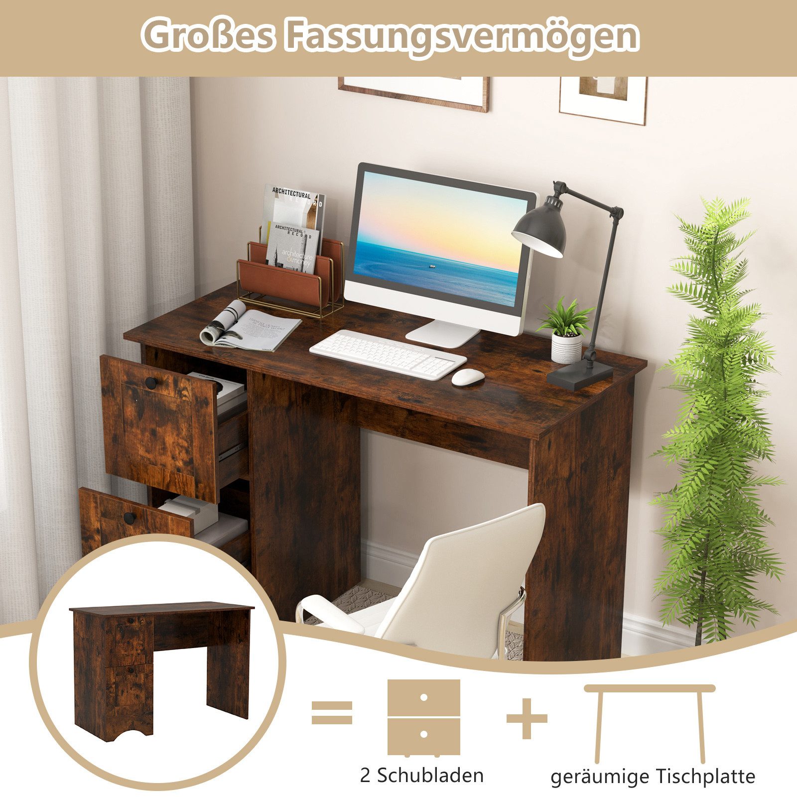 COSTWAY Computertisch, mit 2 Schubladen 109 x 50 x 75 cm rustikales Braun