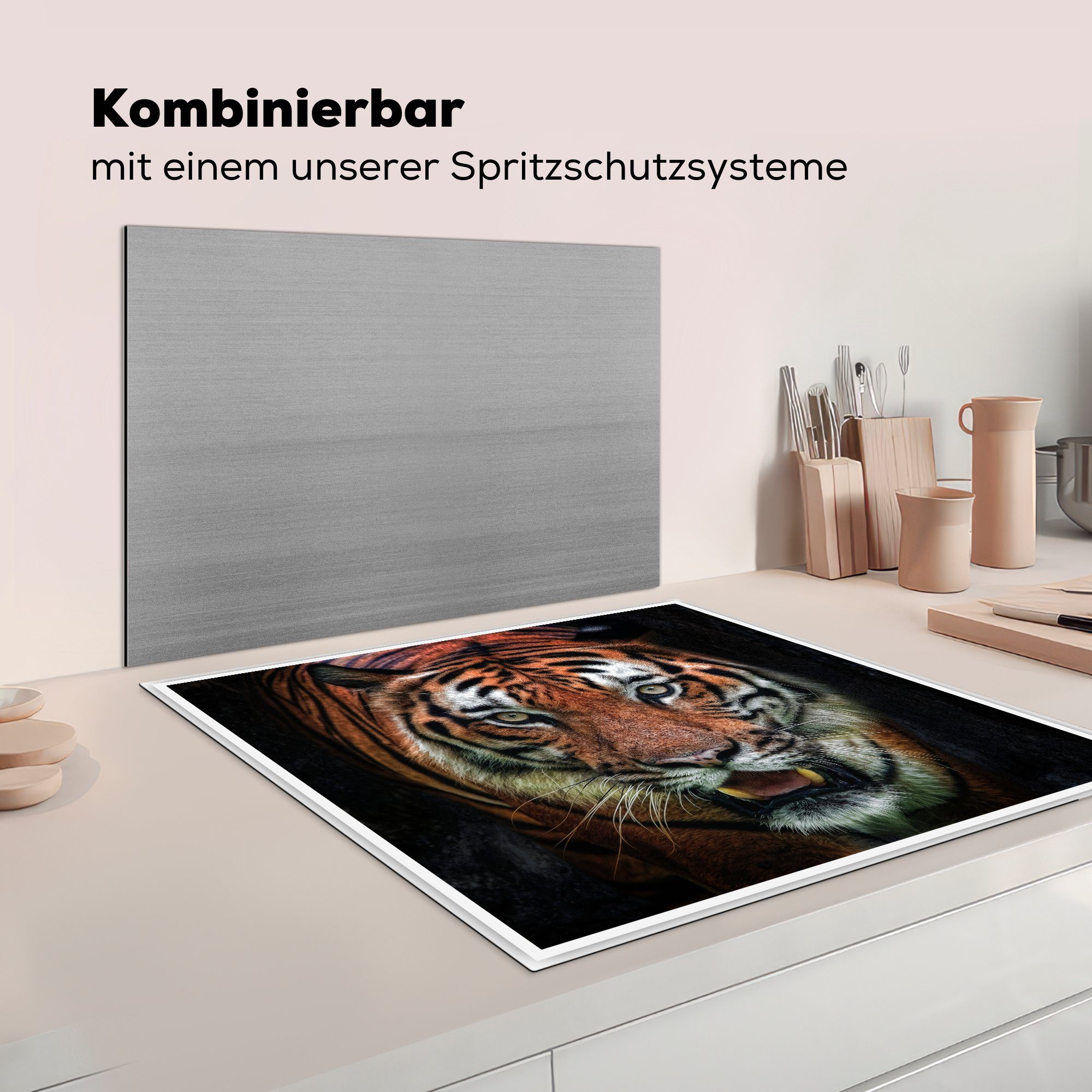 Vinyl, Schwarz, Arbeitsplatte cm, MuchoWow 78x78 - (1 - Kopf Herdblende-/Abdeckplatte für Tiger Ceranfeldabdeckung, tlg), küche