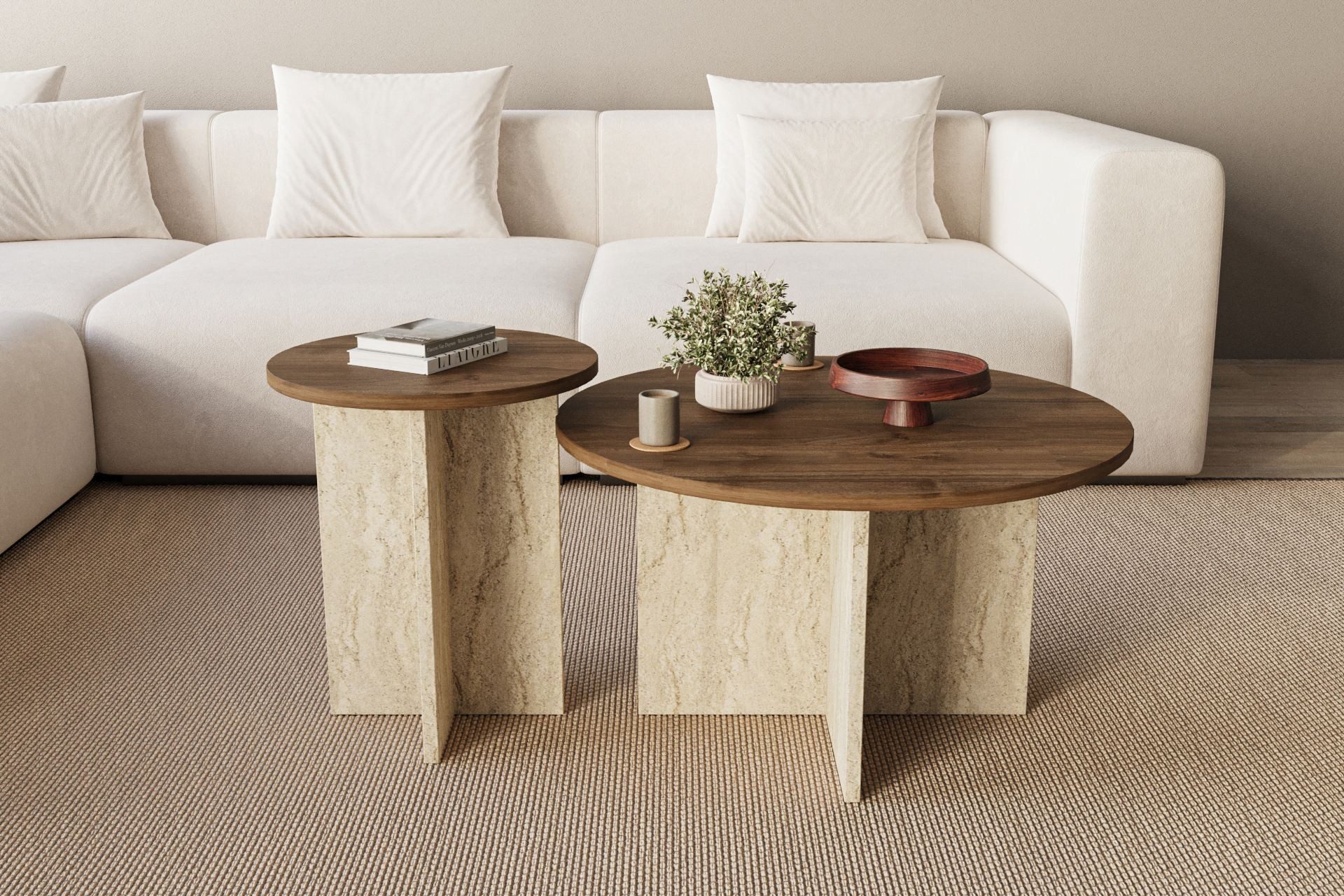 Skye Decor Couchtisch Siam Private (Set, 2-St., 2er Set mit zwei unterschiedlich großen), Travertin -Walnuss, Boho