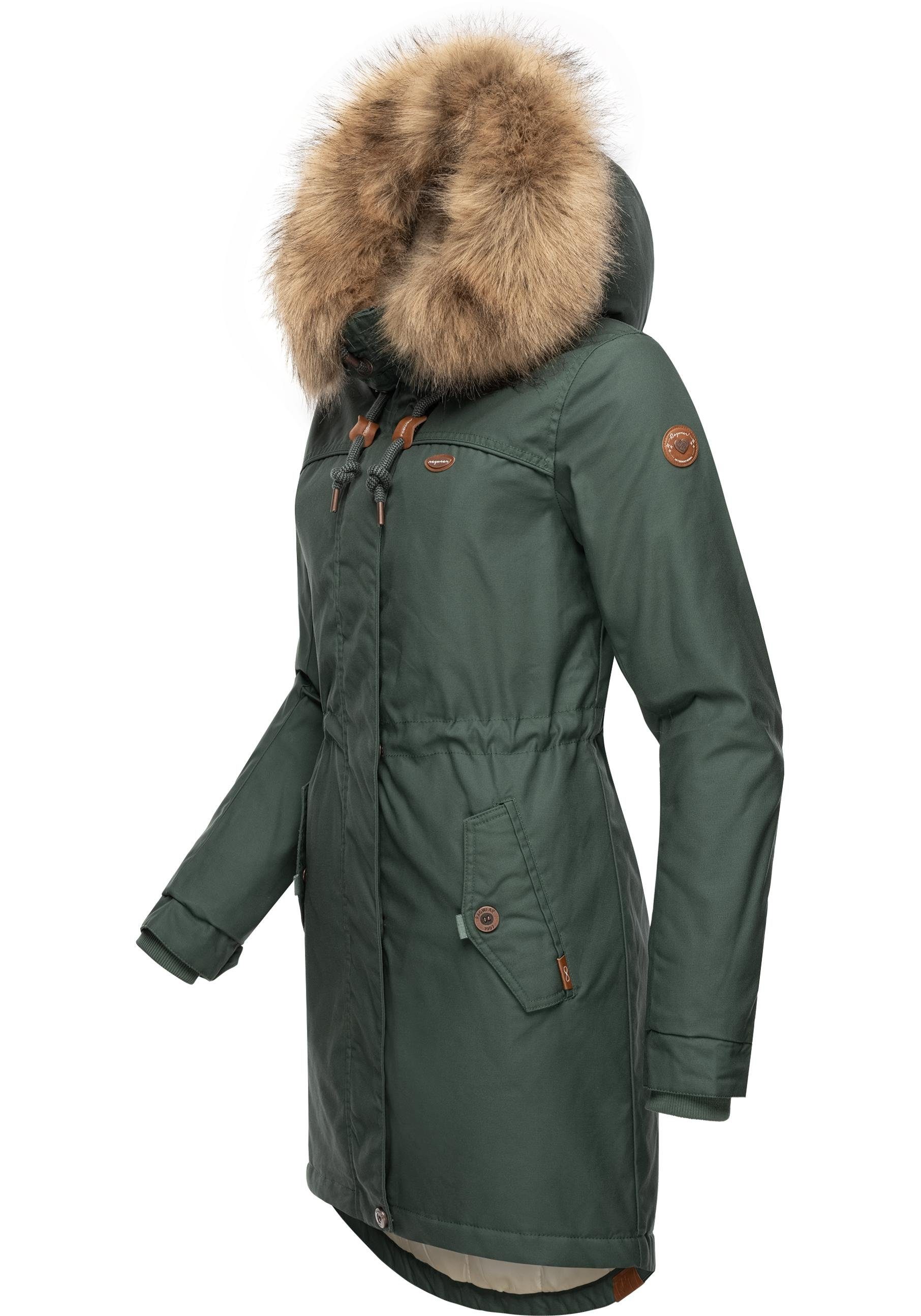 und Tawny stylischer großer Winterjacke Winterparka Ragwear mit Kapuze tannengrün Kunstfellkragen